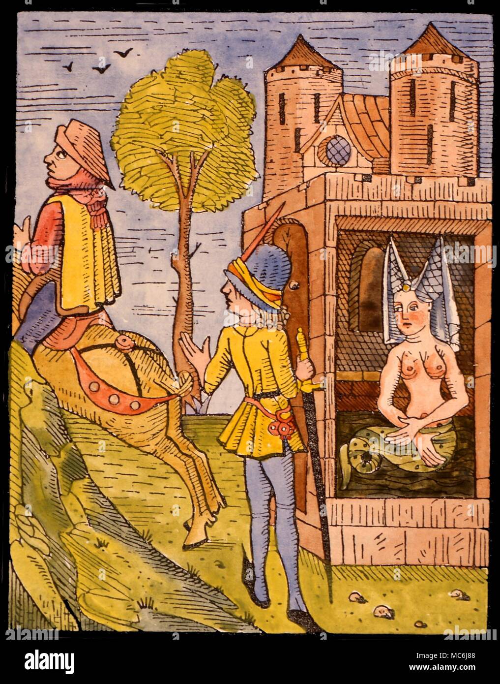 Le fiabe - FAIRY-moglie. Xilografia medievale illustrazione per la fata-moglie leggenda di Melisande. Suo marito, forwarned da un vicino di casa (equitazione lontano) spie sul suo fairy-moglie su un giorno lei in precedenza aveva proibito di lui per vedere la sua. Ella è serpente-tailed. Inizio del XVI secolo Foto Stock