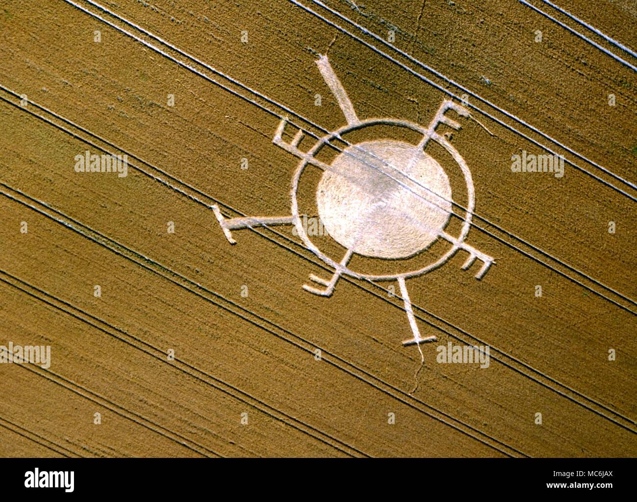 Cerchi di mais. Concentrics, con cerchio esterno ugualmente tagliato da invertita F forma qualcosa nella forma di un widdershins Swastika. Il tutto assomiglia ad un medievale guarnizione planetari. Nella regione del Hackpen Hill, sui bassi di Marlborough. Fotografato il 5 Agosto 1994 Foto Stock