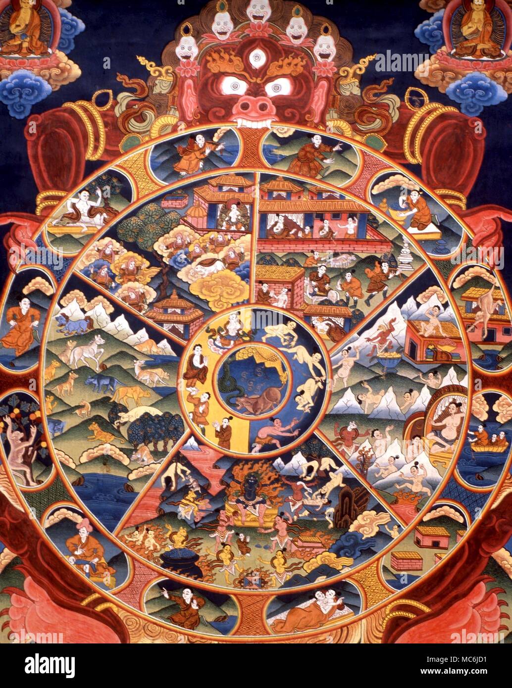 La mitologia tibetana. Ruota tibetana della vita. Il demone Mara la visualizzazione del sei-Ruota segmentata della vita, sul tanka di design tradizionale Foto Stock