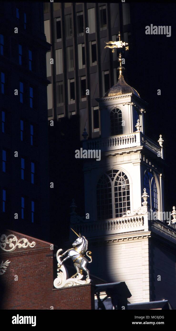 UNICORN. Unicorn (sopravvivenza del British lo stemma del vecchio edificio di Stato a Boston, Massachusetts, STATI UNITI D'AMERICA Foto Stock