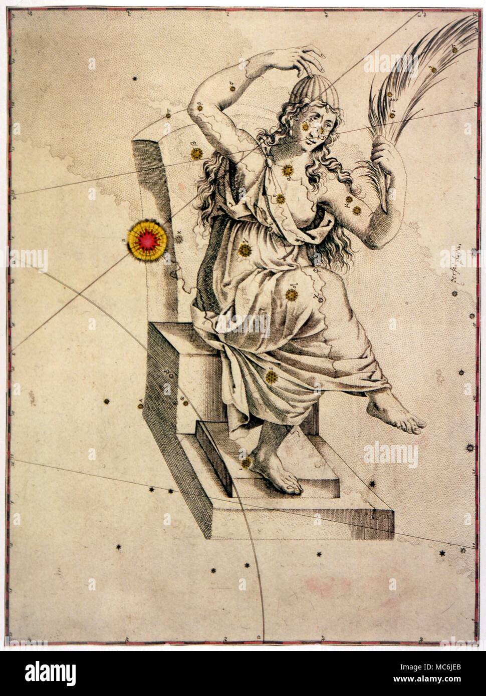 NOSTRADAMUS - PREVISIONE DI NOVA. In quartina 2:41 (pubblicato 1555), Nostradamus predice la Nova, o la nuova stella del 1572. Il Nova è apparso nella costellazione di Cassiopea, impostare nel retro della sua sedia: l'illustrazione (con la Nova contrassegnate in rosso) è dal 1603 mappa di Johann Bayer Foto Stock