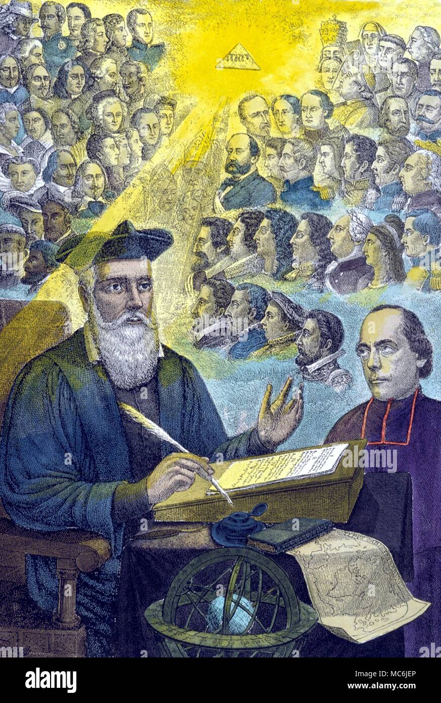 NOSTRADAMUS - Nostradamus e la personalità del suo predicitons. Il savant protrayed davanti i grandi uomini della storia che egli ha menzionato (presumibilmente) nella sua quatrains. Incisione del 1862 pubblicato da Torne a la Clotte, nel suo 'influenza de Nostradamus", 1878 Foto Stock