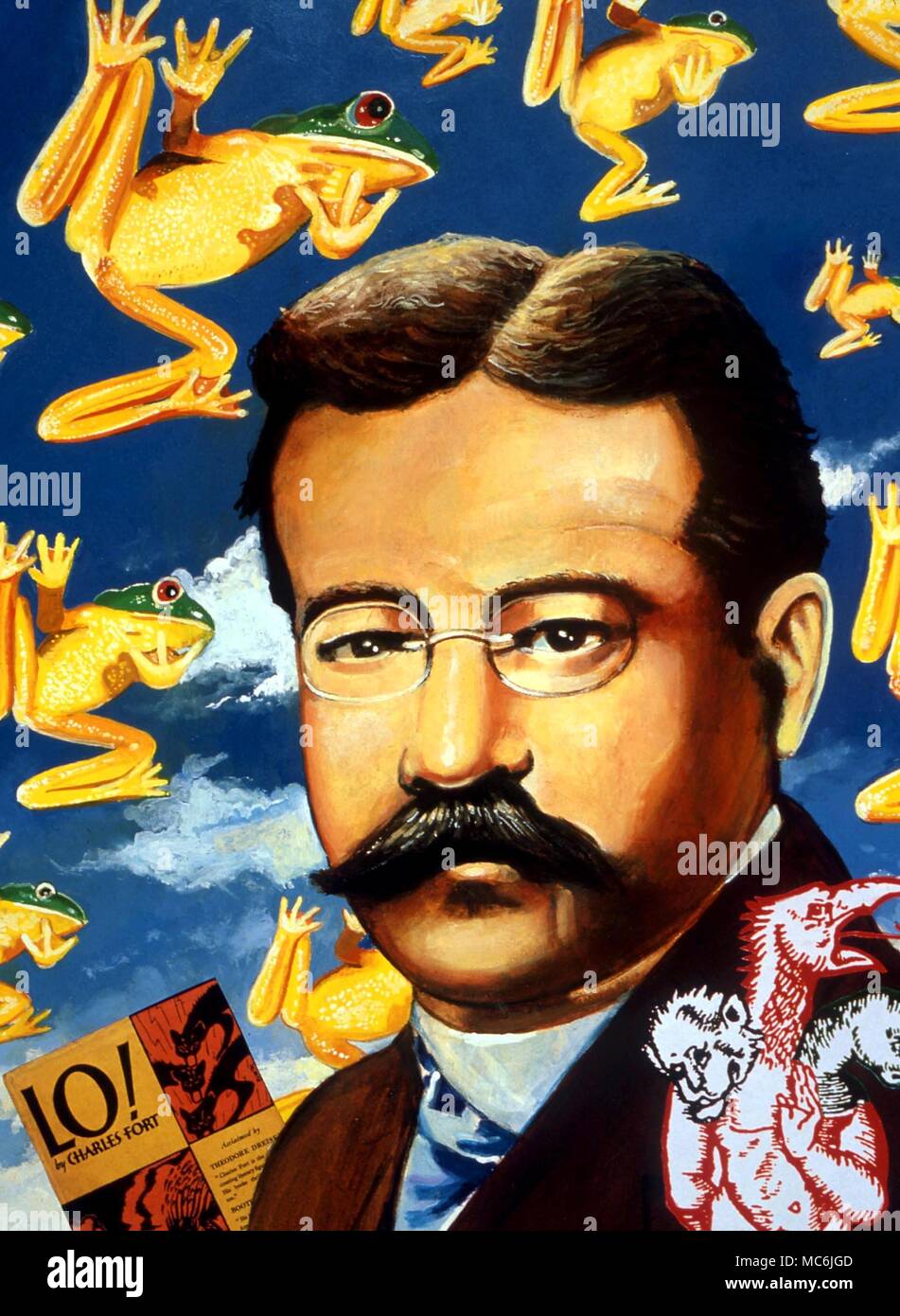 Gli occultisti - Charles Fort. Ritratto di Charles Fort (1874-1932), l'originale Fortean, investigatore del mondo dei dannati. Oltre 60.000 note di lavoro su strani fenomeni in New York Public Library. Gouache dagli artisti moderni, Gordon Wain, commissionato da Charles Walker Foto Stock