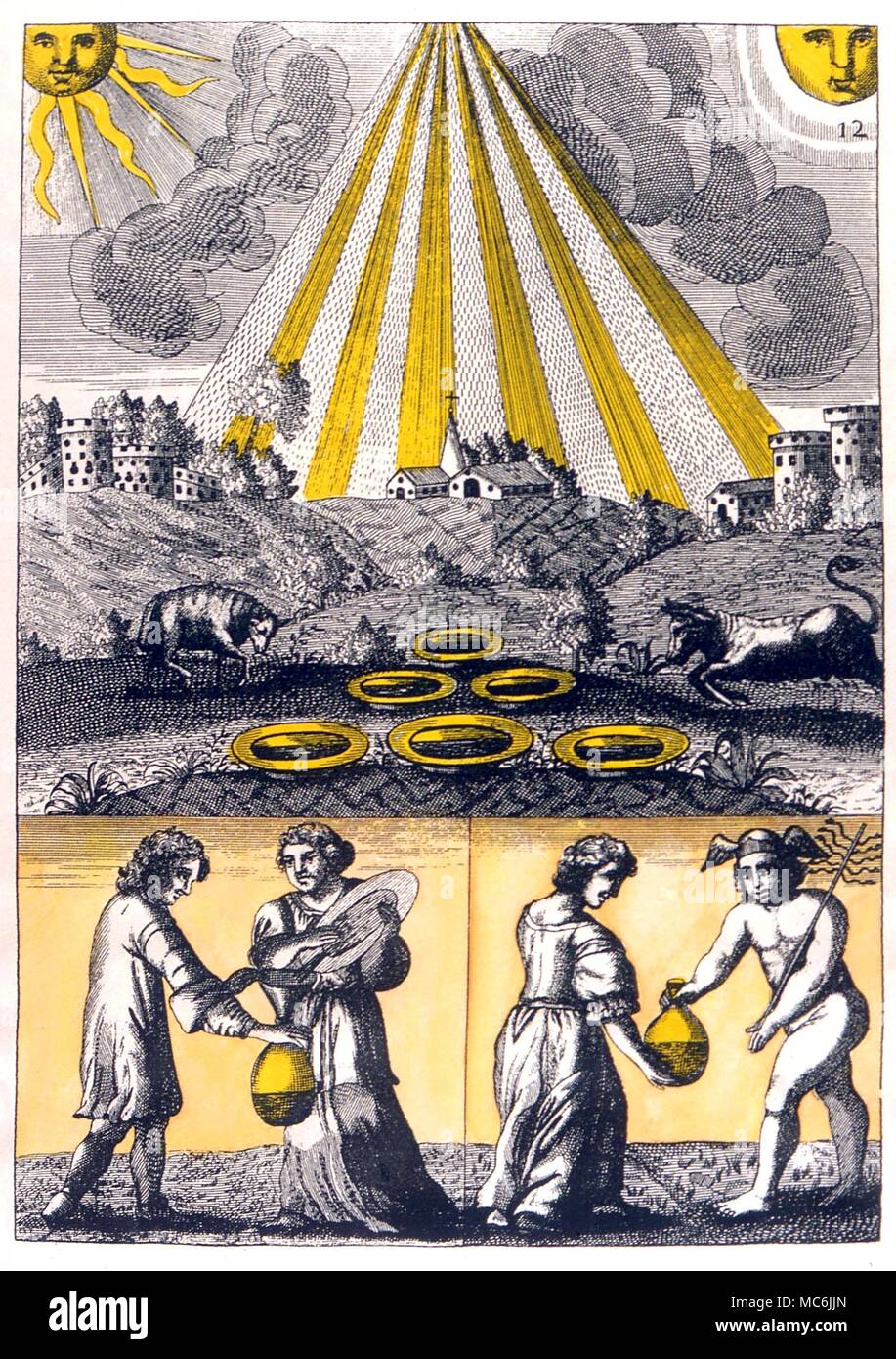 Alchimia - MUTUS LIBER. Piastra 12 dal 'Mutus Liber", il libro privi di parole, 1677 (La Rochelle), probabilmente progettato da Jacob Saulat. Piastra 12 - il liquore di Nostoc pesante con virtù Foto Stock