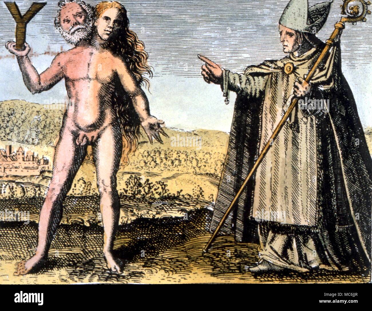 Gli occultisti - ALBERTUS MAGNUS. Albertus con il pitagorico Y e la ermafroditi. Incisione da 1617 edizione di Michael Maier's 'Symbola Auraea' Foto Stock