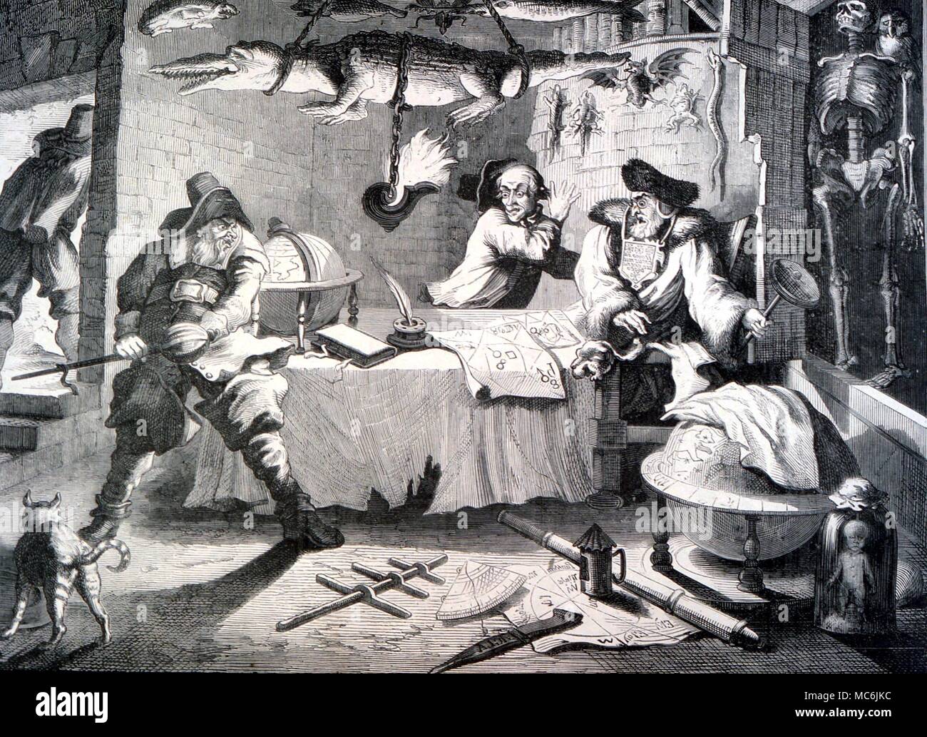Alchimia - HUDIBRAS. Incisione di Samuel Butler del poema satirico (finiti 1678) mostra Hudbras consultando il ciarlatano alchemist-astrologo Sidrophel Foto Stock