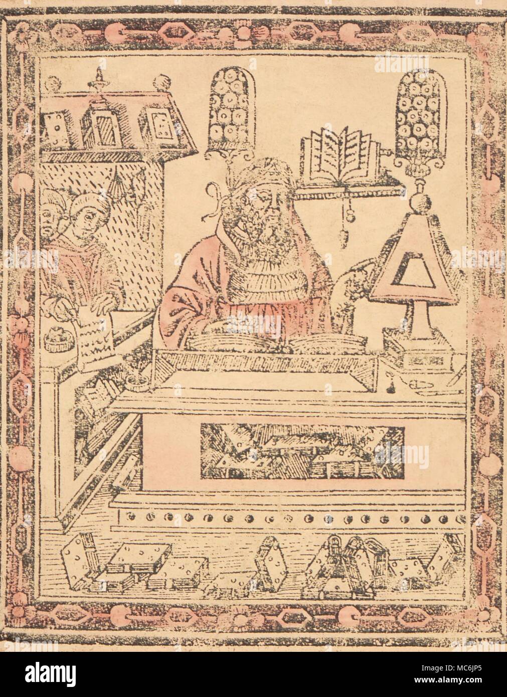 Gli occultisti - Xilografia stampa (colorate a mano) ritratto di ALBERTUS MAGNUS, da un esemplare del 'Petit Albert' grimoire. Collezione privata Foto Stock