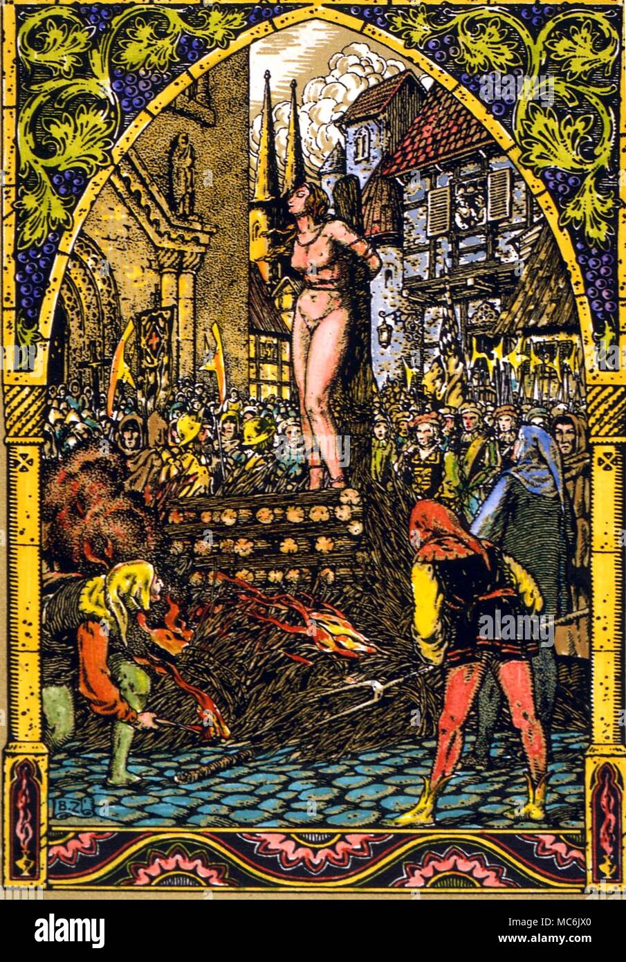 WITCHCRAFT - strega bruciato sul rogo Guillemette Babin bruciato sul rogo. Design by Bernard Zuber, a M Carron "La vie esecrabile de Guillemette Babin, Sorciere, 1926 - una storia vera basata su Bodin il libro, Demonomanie, 1580. Questo edificio del xvii secolo strega è stato bruciato a morte a Poitiers, 1564 Foto Stock