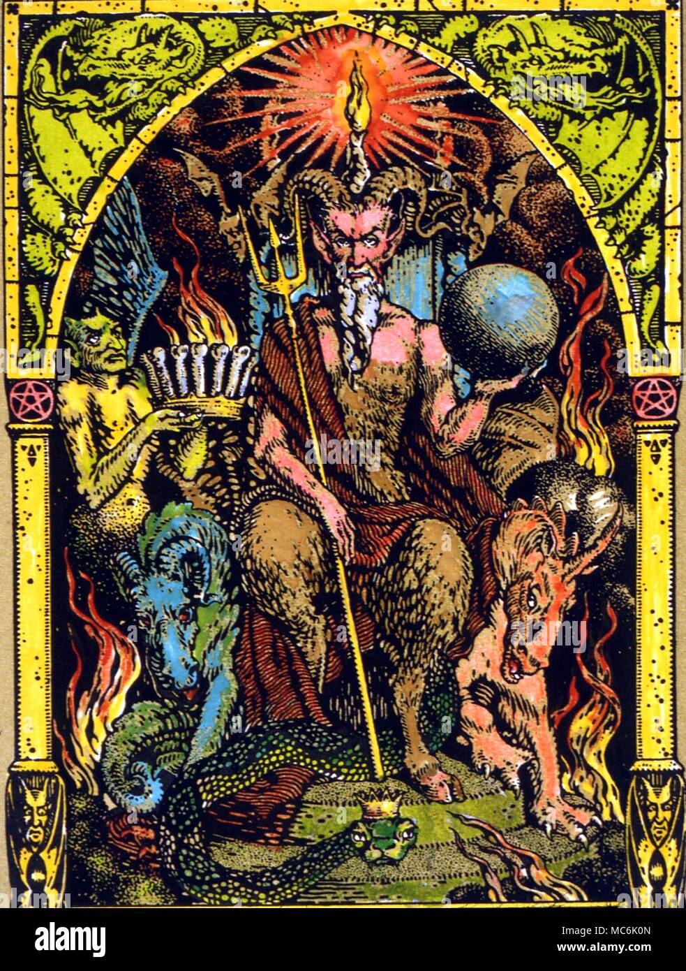 La stregoneria il grande "capra abbatic' presiede la messa nera. Design by Zuber, M. Carron "La Vie esecrabile de Guillemette Babin, Sorciere', 1926 - storia basata su Bodin il libro, 'Demonomanie', 1580. Babin è stato bruciato a morte a Poitiers, 1564 demoni - LA SUA MAESTÀ satanica la cosiddetta capra Sabbatic, dopo una litografia da Zuber a Carron's La Vie esecrabile de Guillemette Babin... (Per i dettagli vedere p. 82 del camminatore di enciclopedia della conoscenza segreta Foto Stock