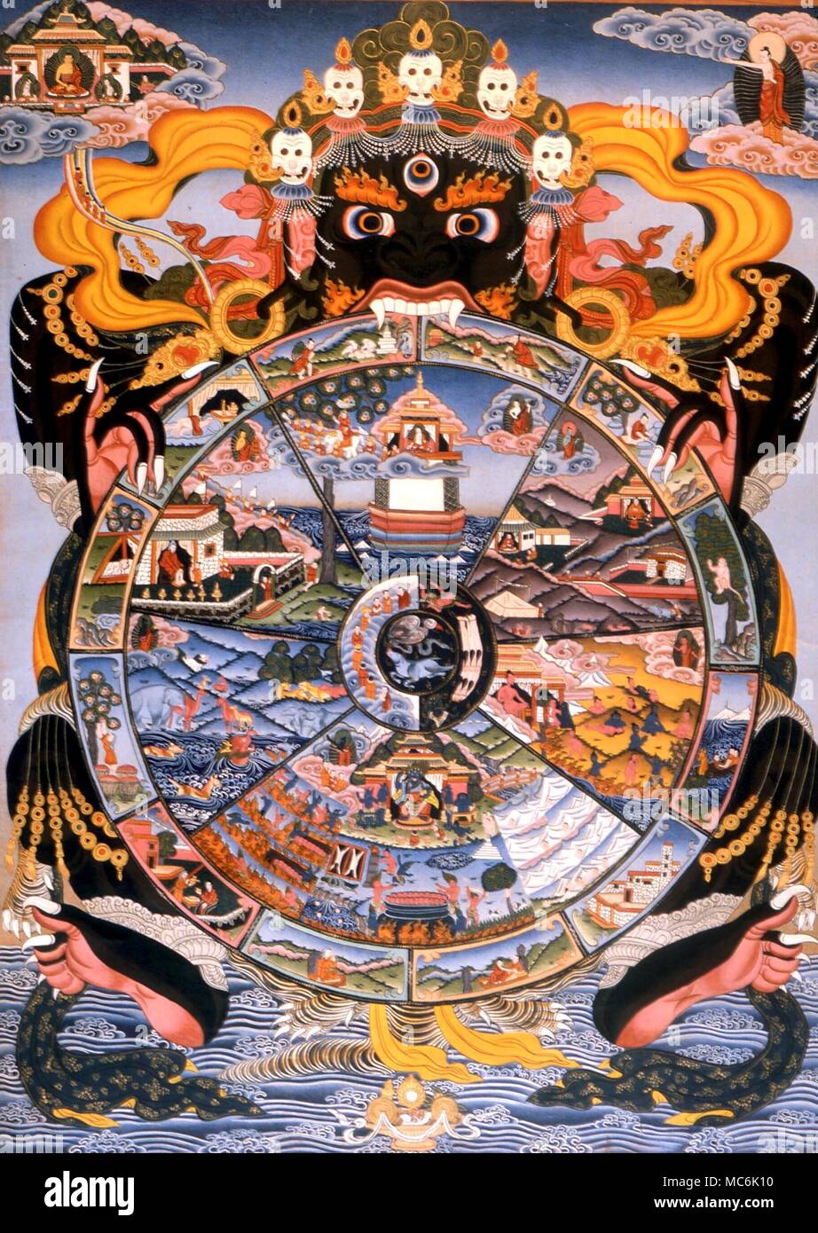Demoni - il tibetano MARA il demone orientali, Mara, affacciato sul modello del cosmo - otto volte la divisione della ruota della vita che si riferisce al concetto orientale della reincarnazione e i mondi spirituali. Il Tibetano tanka di design tradizionale Foto Stock