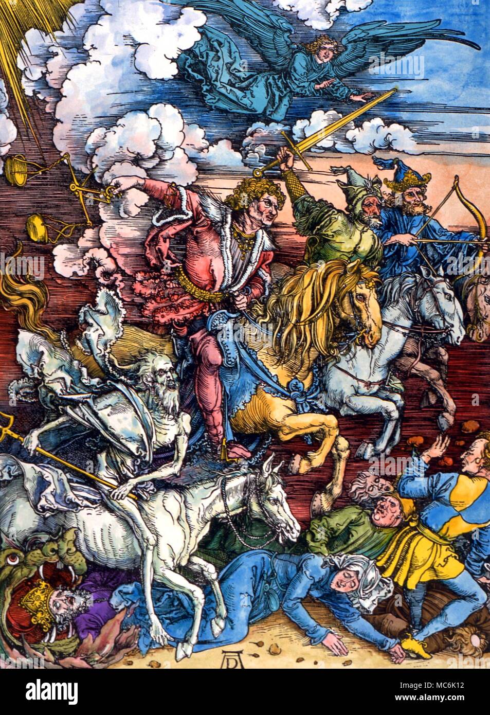 DEMONS - I quattro cavalieri dell'Apocalisse il famoso wood stampa dei quattro cavaliere dell'Apocalisse di Albrech Durer, c.1504. La morte, la guerra, la fame e la peste. Da Dürer l'apocalisse di serie. Collezione privata Foto Stock