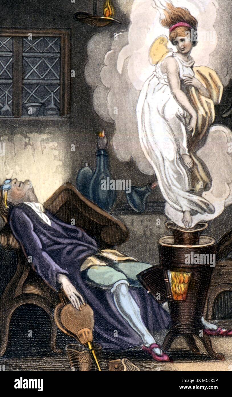 Alchimia Apparizione di spirito d'oro l'adepto affascinati dall'apparizione di Crysal in laboratorio Foto Stock