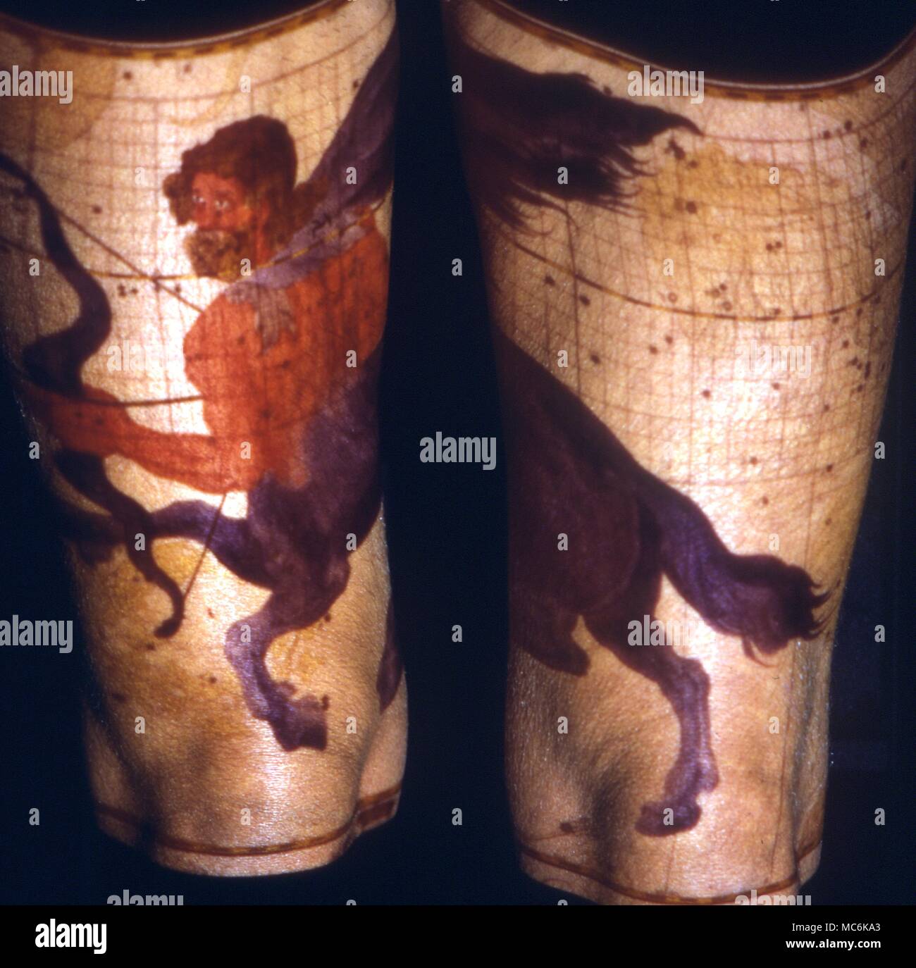 Zodiac - uomo Sagittario. Ragazza con immagine per il Sagittario proiettato sulla sua coscia. Il segno norme le cosce umane e locomozione Foto Stock