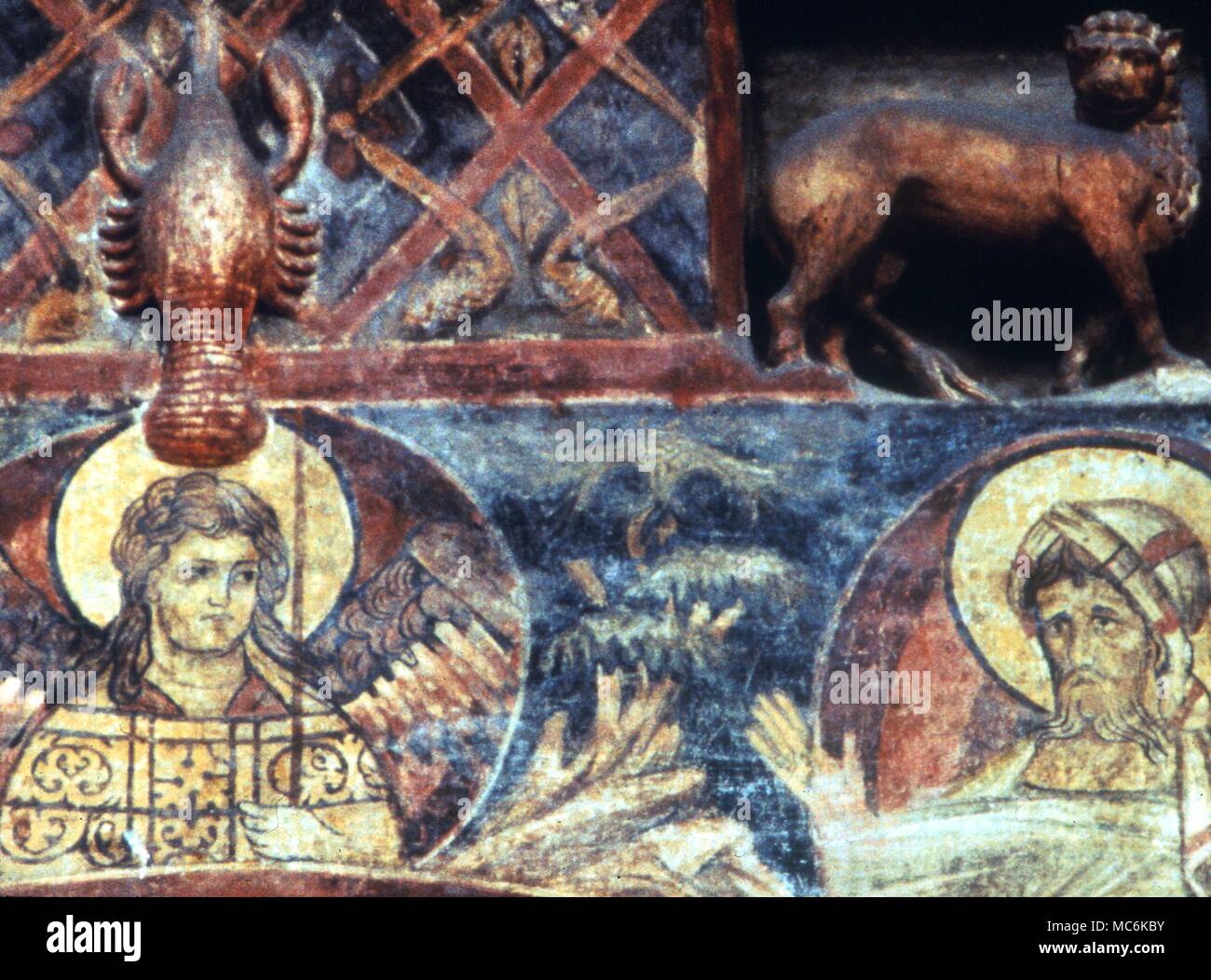Astrologia segni zodiacali cancro immagini di Leo e cancro sulla parete del XIII secolo Battista Parma Italia Foto Stock