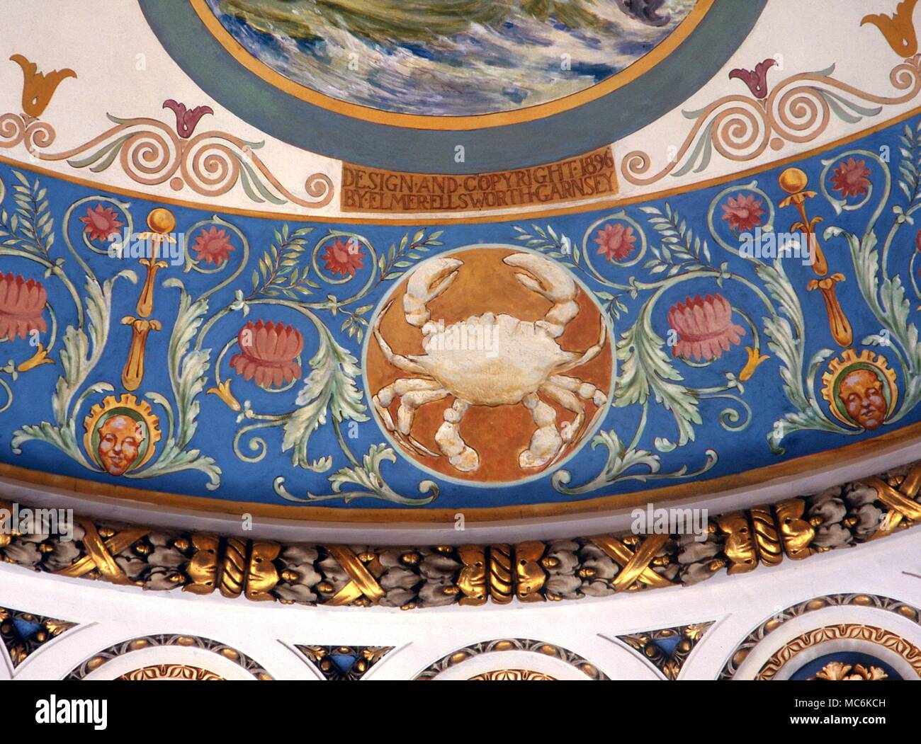 Astrologia segni zodiacali Roundel il cancro del cancro il soffitto zodiac da Garnsey 1897 sul soffitto del sud Padiglione Orientale della Biblioteca del Congresso a Washington DC Foto Stock