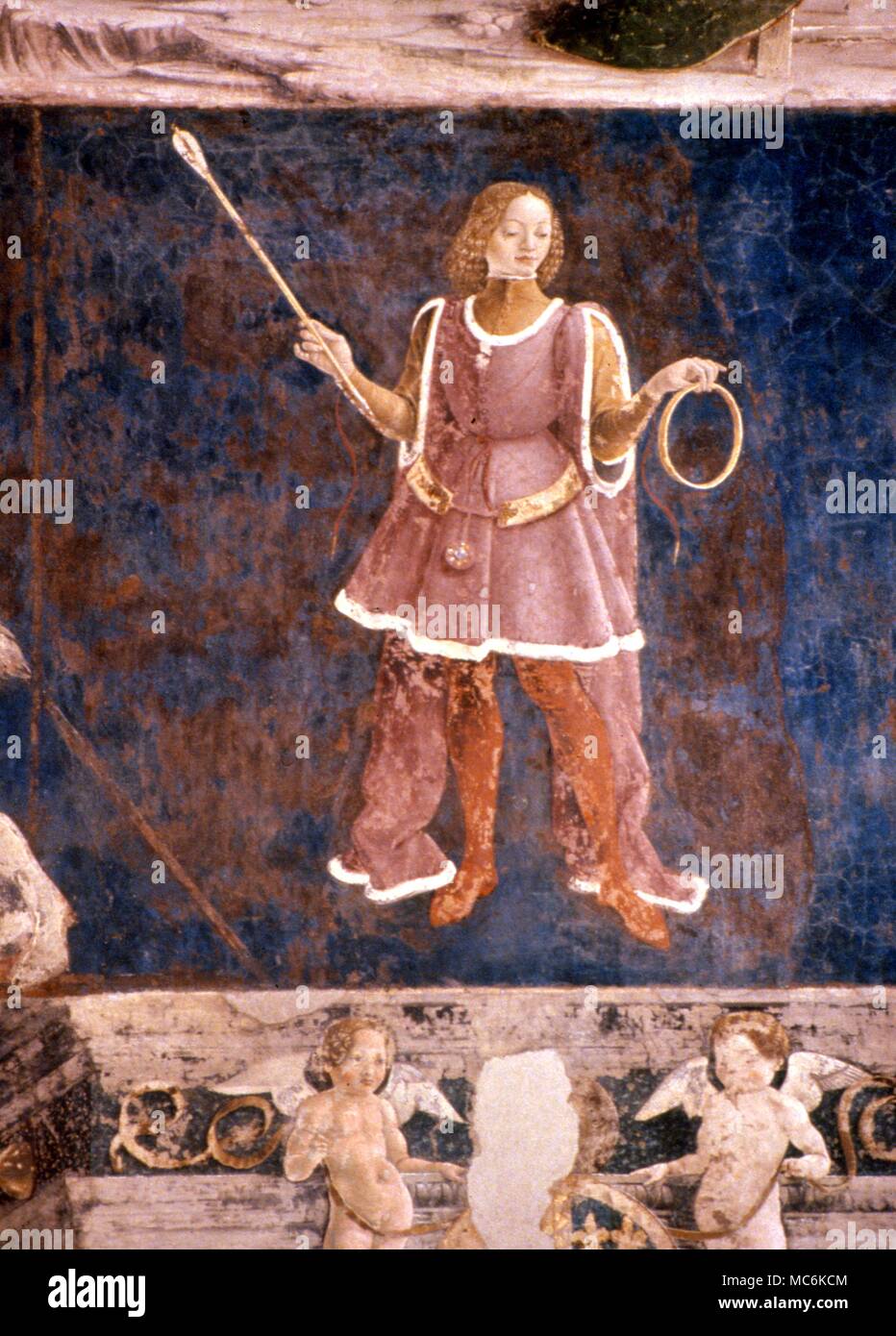 Astrologia italiano Ferrara Uomo con bacchetta immagine zodiacale dalla serie decanates nel Palazzo Schiffanoi Ferrara Foto Stock