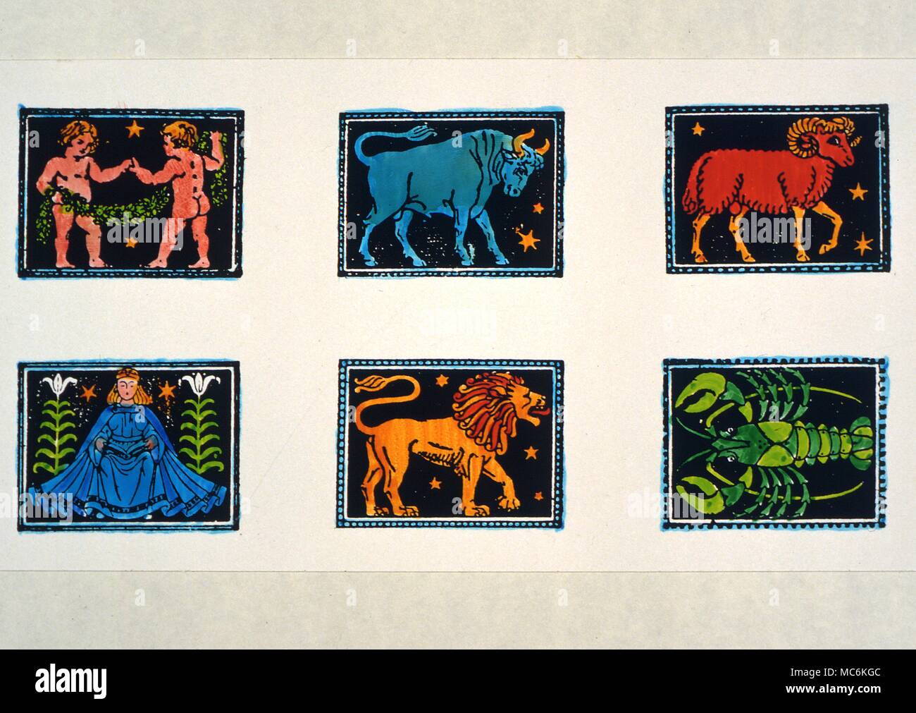 Astrologia segni zodiacali sei immagini del segno zodiacale da Aries di Virgo da una sequenza zodiacale progettata nel 1911 Foto Stock