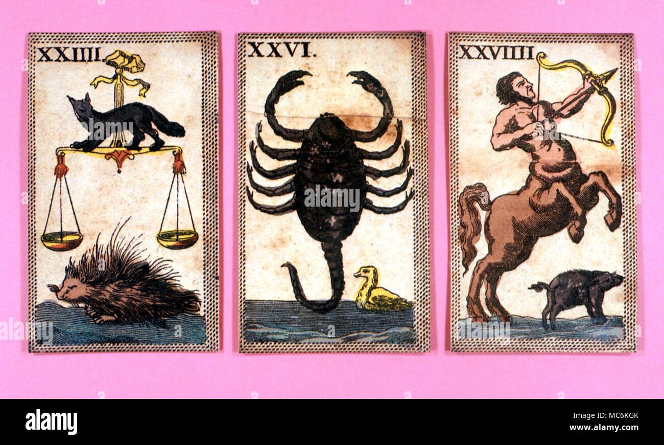 Segni dello Zodiaco da un pacco minchiate: Pesci, capricorno, acquario,  toro, Scorpione e Ariete Foto stock - Alamy
