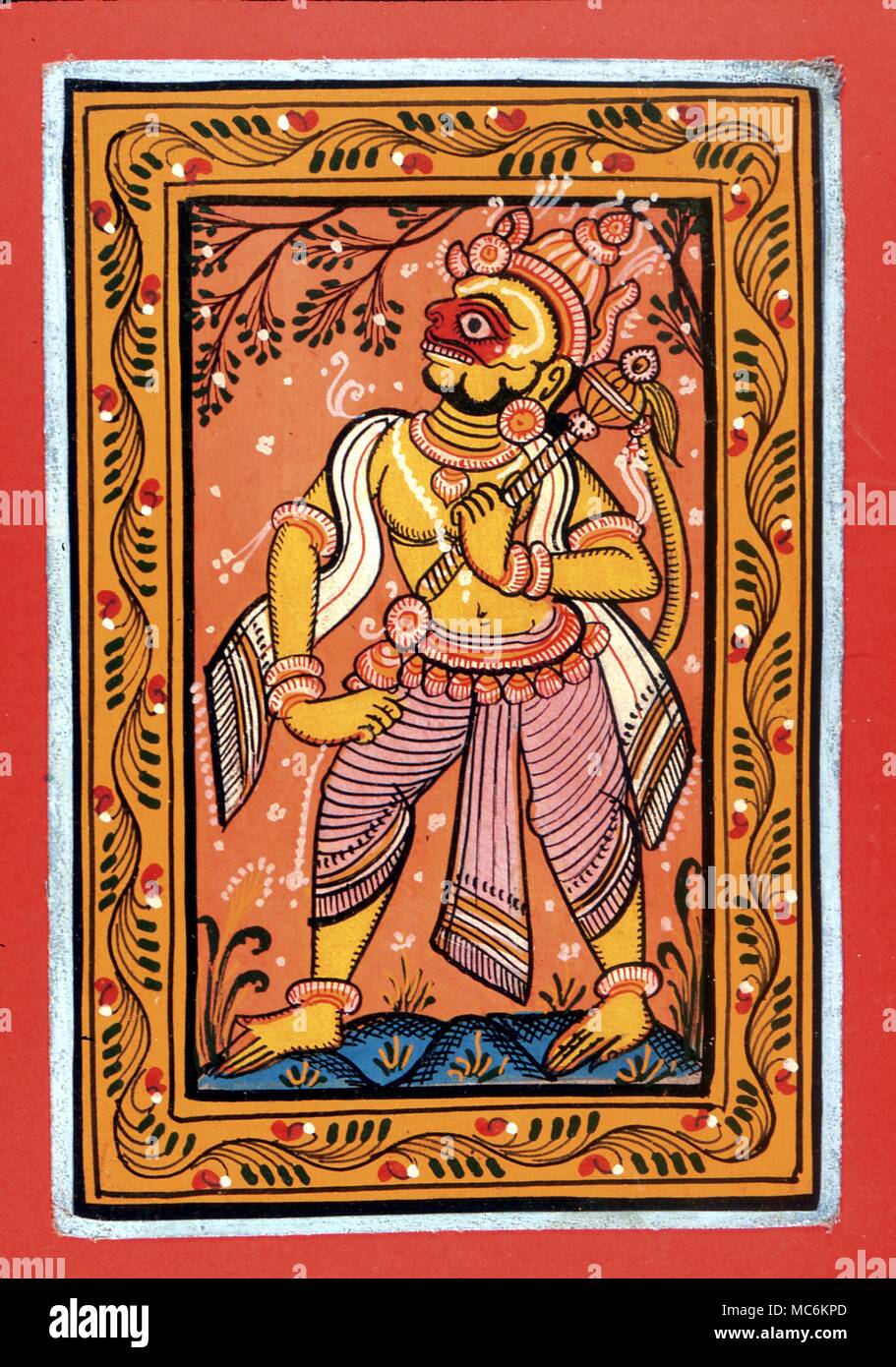 Mitologia indù. Moderno (metà secolo) gouache del dio indù, Hanuman, il re della scimmia del Ramayana Foto Stock