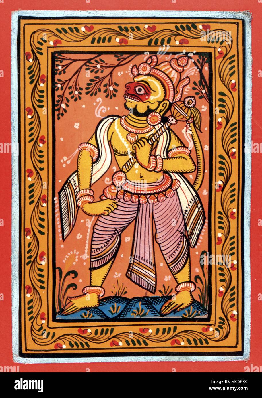 Mitologia indù. Moderno (metà secolo) gouache del dio indù, Hanuman, il re della scimmia del Ramayana Foto Stock