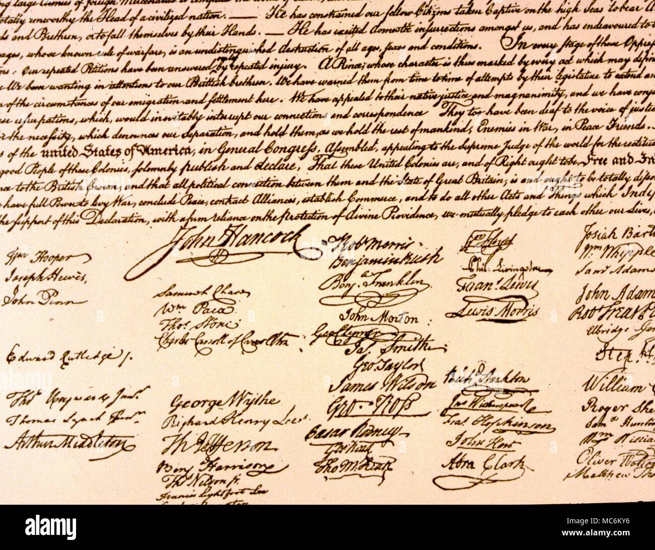 La grafologia. Le firme al fondo della Dichiarazione di Indipendenza Americana Foto Stock