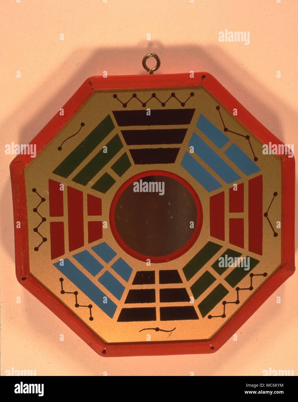 I Ching otto trigrammi dell'I Ching sistema con corrispondenti immagini di costellazione intorno a uno specchio centrale, destinato a deviare il percorso di spiriti malvagi. Tali dispositivi sono appesi alle pareti o al di sopra di porte o finestre. Foto Stock