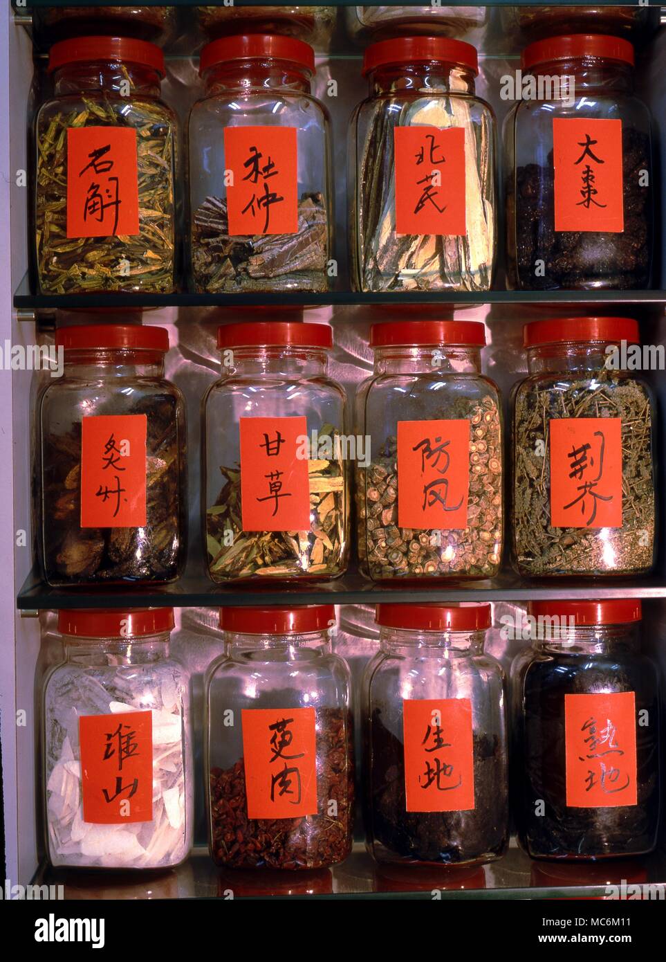 Erbe cinesi i vasetti nel dispensario di un erborista shop. Foto Stock