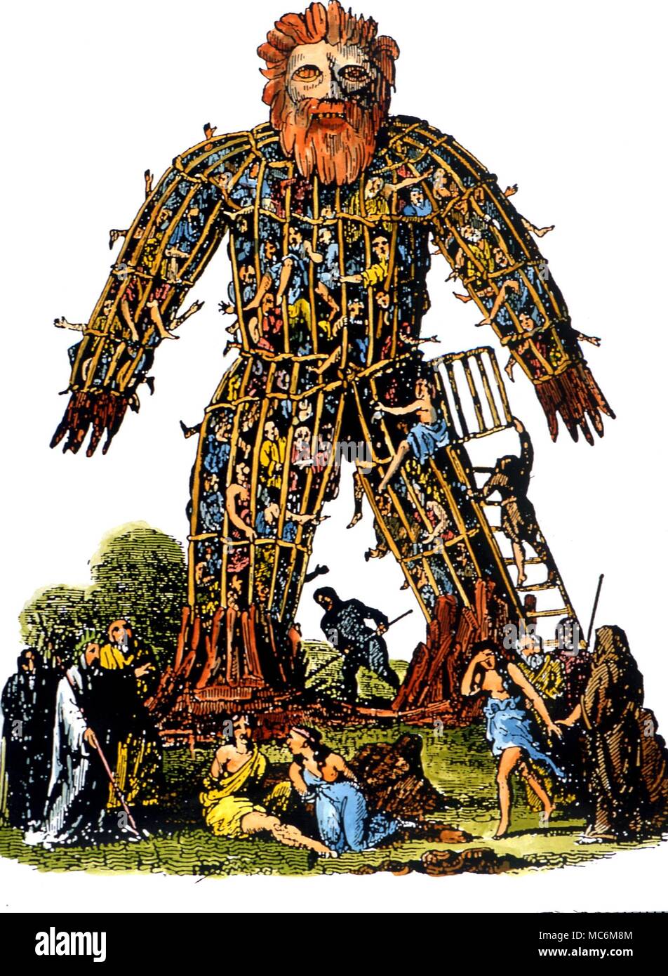 I druidi l uomo di vimini. Xilografia raffigurante il presunto sacrifical practics dei druidi, che ha coinvolto imprigiona le vittime in un gigante di uomo di vimini e poi impostando il fuoco. Xilografia basata sul incisione in Sammes Aylett, Britannia Antiqua illustrata, 1676 Foto Stock