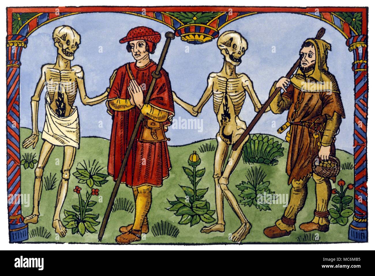 La morte - la morte e contadini morte tenendo lontani i contadini. Colorate a mano la piastra dal Verard's 'Dance di morte', circa 1510 Foto Stock