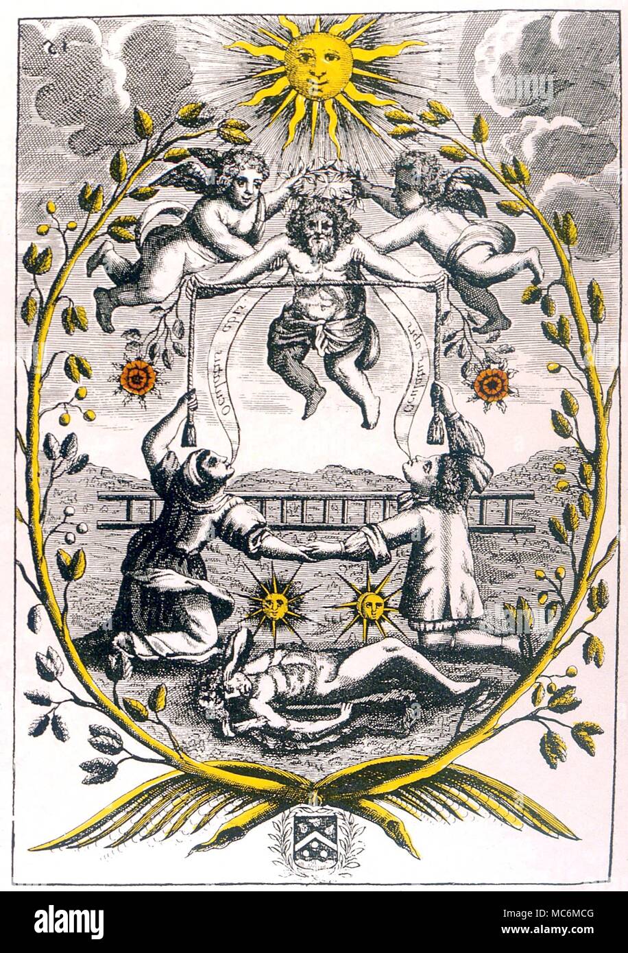 Alchimia - MUTUS LIBER. Piastra 15 da Mutus Liber, il libro privi di parole, 1677 (La Rochelle), probabilmente progettato da Jacob Saulat. Piastra 15 - la trasfigurazione della quintessenza (Ercole) Foto Stock