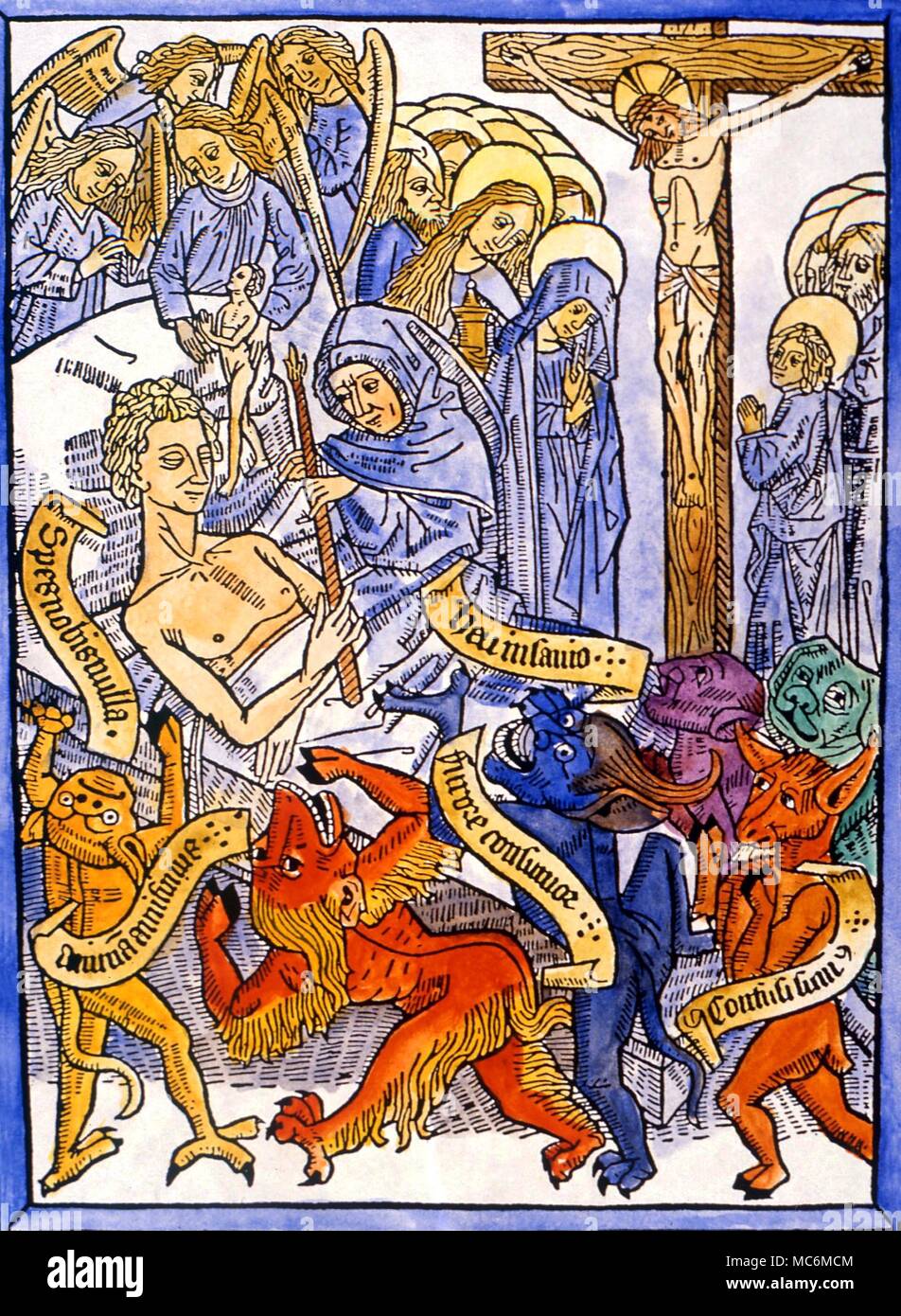 La morte - letto di morte scena uomo morente circondato da demoni e angeli in attesa di rivendicazione la sua anima. Da un 'ars moriendi' della fine del XV secolo Foto Stock