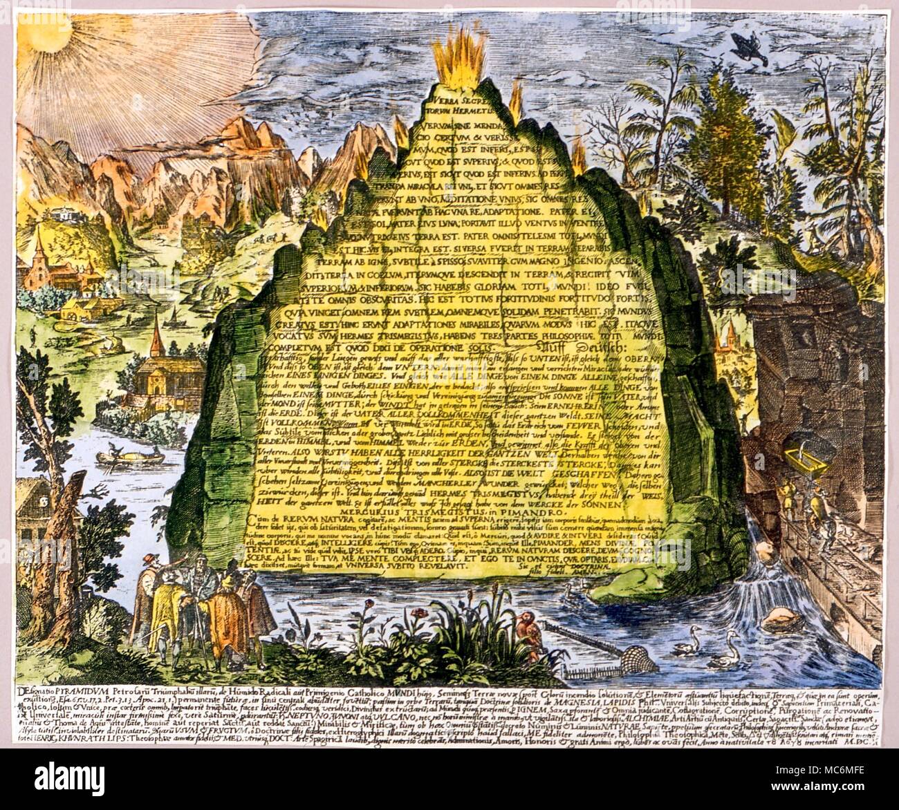 Alchimia - Emerald Tablet di Hermes. Il testo della tavoletta di smeraldo (come da "Poimandres') un sommario di spiritualista alchemici pensiero. Il testo è in latino e in tedesco. Dal 1602 edizione di Heinrich Khunrath 'Amphitheatrum Sapientiae Aeternae' Foto Stock