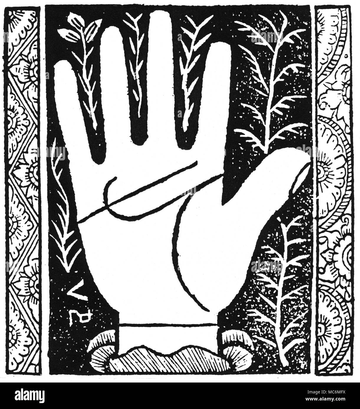 Chiromanzia - CHIROMANZIA medievale una xilografia illustrazione dal Ciromantia influenti di Barthelemy Cocles, pubblicato circa 1534. Il relativo testo, che tratta con la linea di testa, insiste sul fatto che quando esso viene deviato verso le dita (come nel diagramma) allora si indica la corruzione e l'ignoranza. Foto Stock