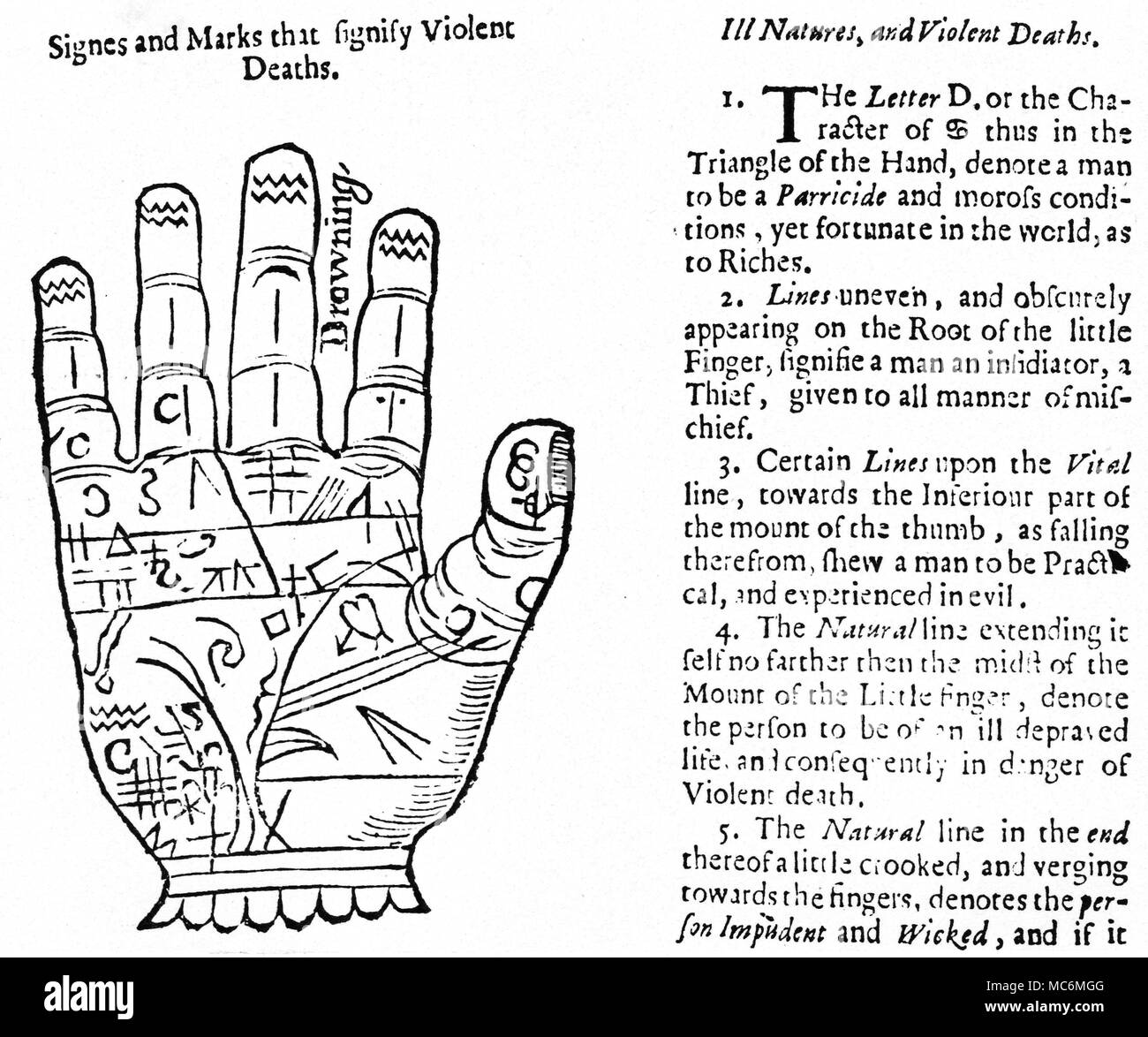 Chiromanzia - Astrologia medievale xilografia di mano dimostrando i contrassegni creduto a significare una morte violenta. Da Richard Saunders, chiromanzia, i segreti della stessa descritta, 1664. Foto Stock
