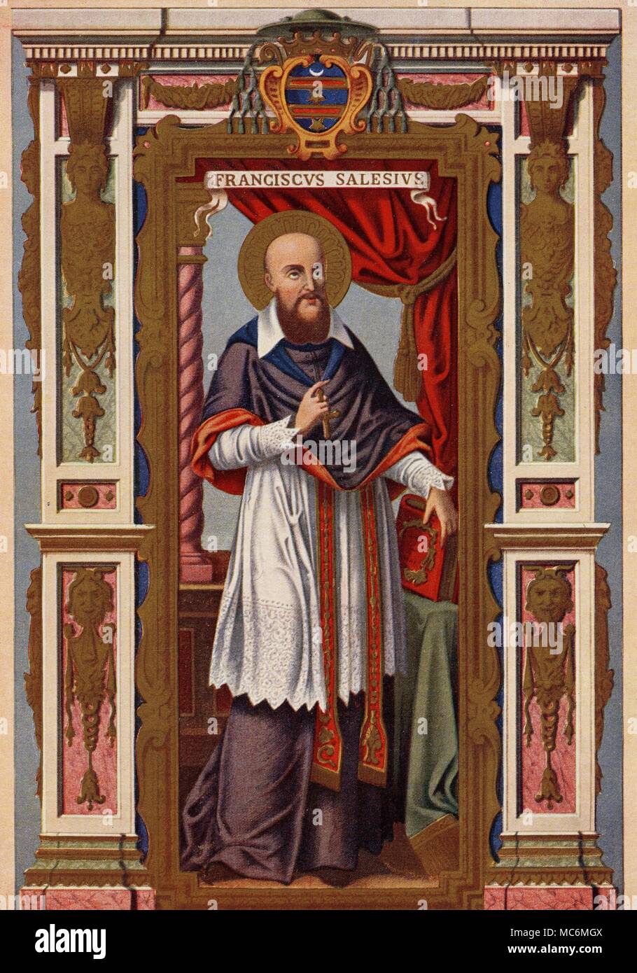 Santi - FRANCESCO DI SALES Franciscus Salesius (come egli è chiamato in questa immagine) è nato nel 1567 in Savoia, ed eventualmente educati nell'Università di Parigi. Nel 1602 è stato nominato vescovo di Ginevra. Il suo lavoro, Introduzione alla Vita Devota, fu scritto per la gente normale e ha guadagnato un straordinariamente ampio pubblico. Morì a Lione nel 1622. Nel 1923, fu nominato patrono degli scrittori. Processo di stampa, da Alban Butler's la vita dei Padri, dei martiri e di altri Santi Principi, edizione di circa 1928. Foto Stock