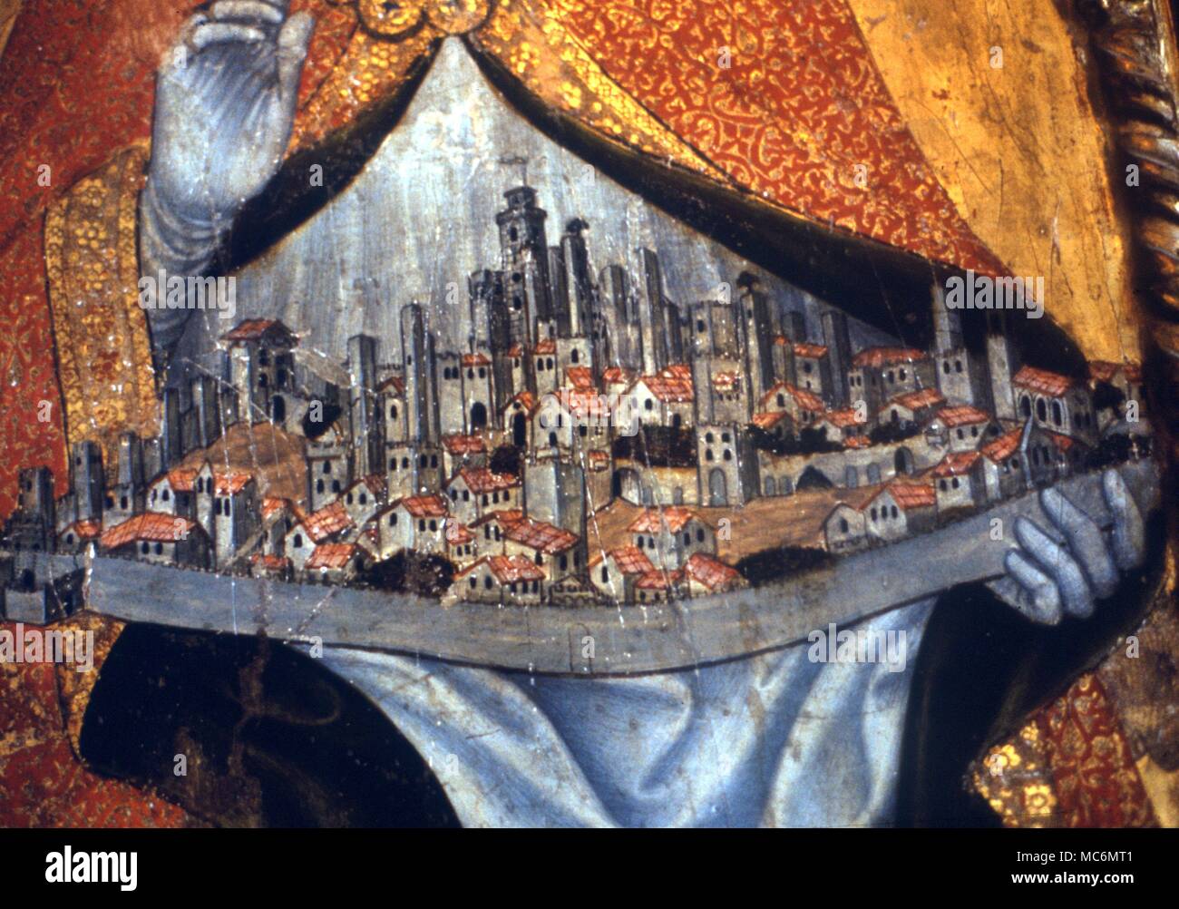Simboli - citta'. San Gimignano che tiene nelle sue mani il suo omonimo città delle torri in Toscana. Inizio del XVI secolo di scuola senese di pittura. Foto Stock