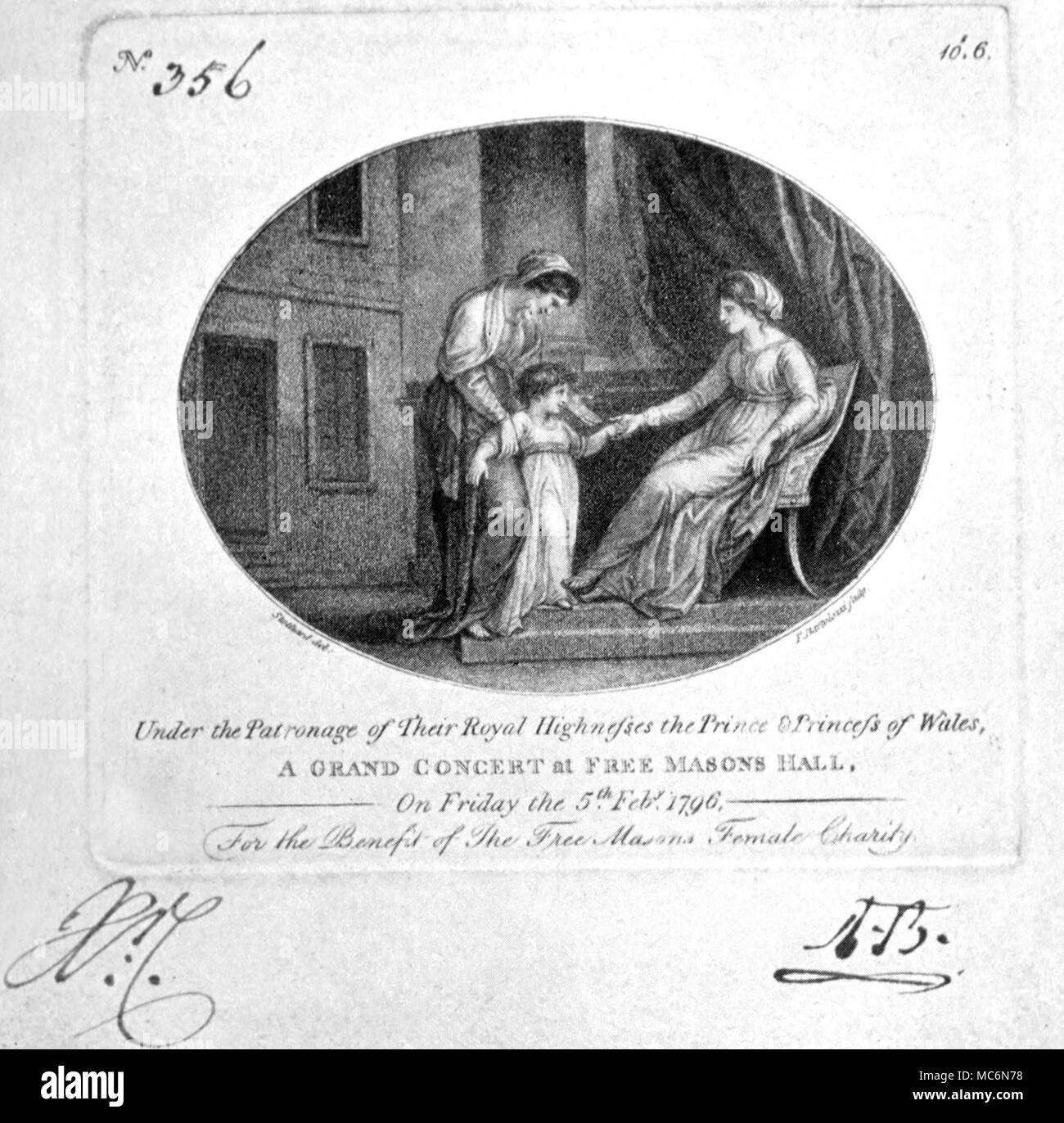 La muratura della carità Ticket Ticket per una carità massonico nel 1796 presso il massone's Hall il disegno è stato di Thomas Stothard la incisione di Bartolozzi erano entrambi Muratori Foto Stock