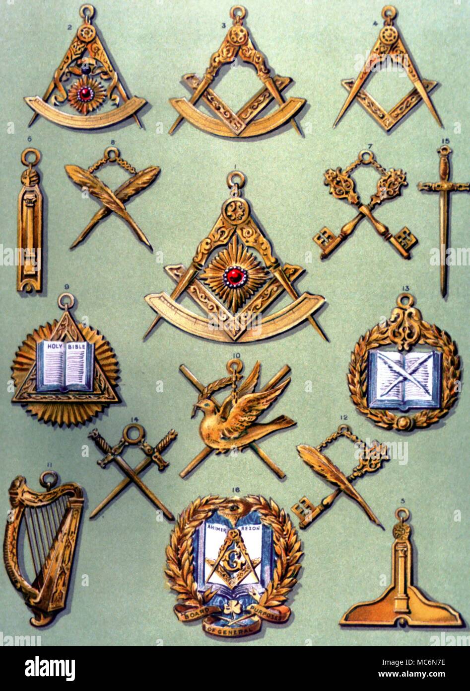 Gioielli massonico Masonic gioielli di varie denominazione lastra litografica da datata 1895 edizione di R F Gould la storia della Massoneria Foto Stock