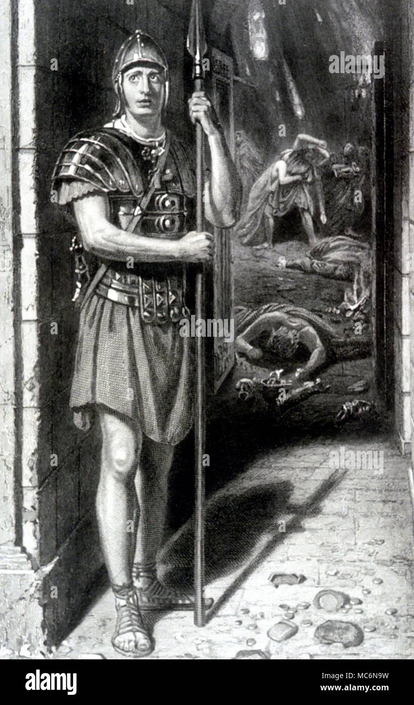 Disastri eruzione vulcanica guardia romana durante l eruzione di Pompei fedele fino alla morte incisione di F Joubert dopo un dipinto di J Poynter 1886 Foto Stock