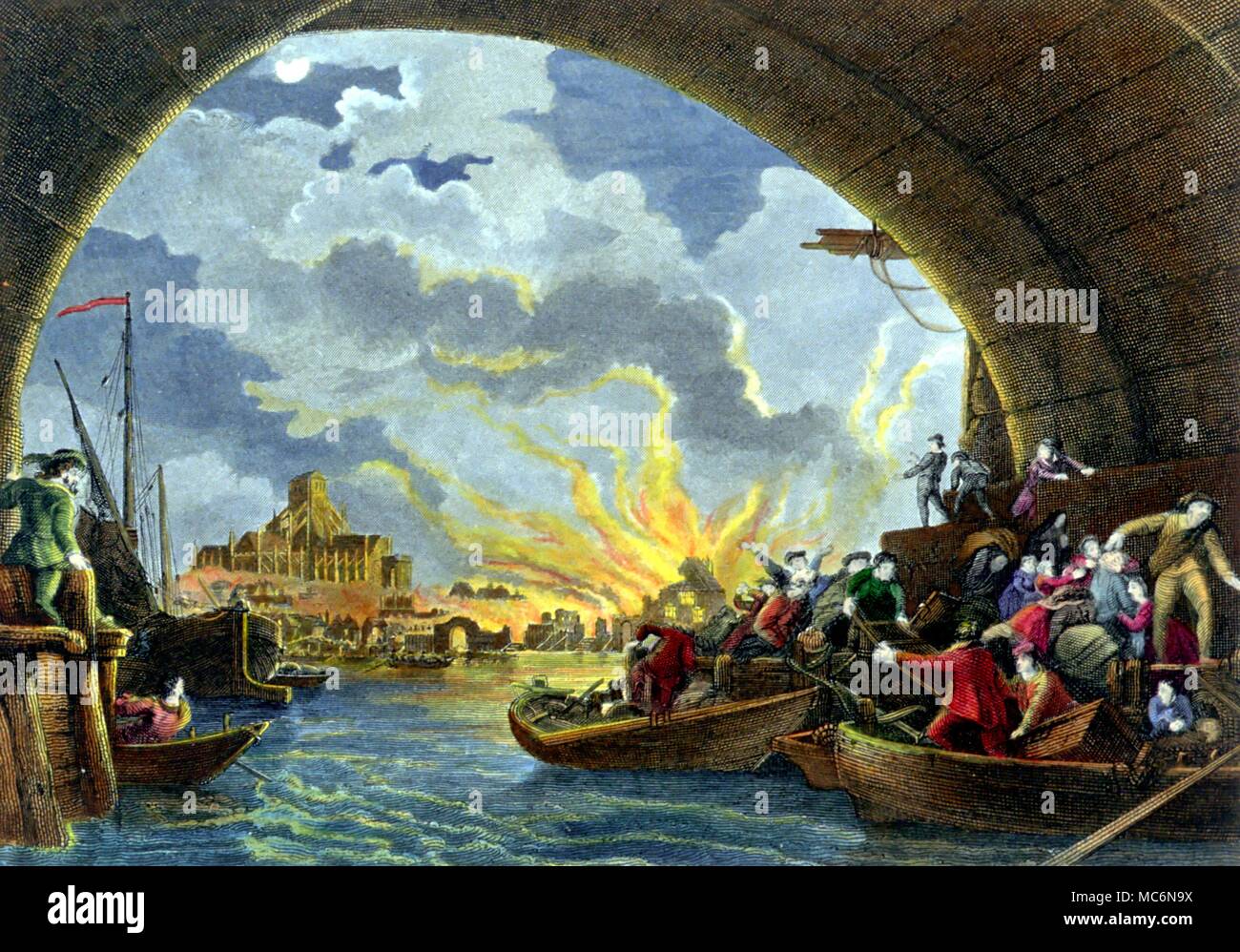 Le catastrofi grande incendio del Grande Incendio di Londra 1666 incisione colorata dal 1850 edizione di Smollett della storia dell'Inghilterra Foto Stock