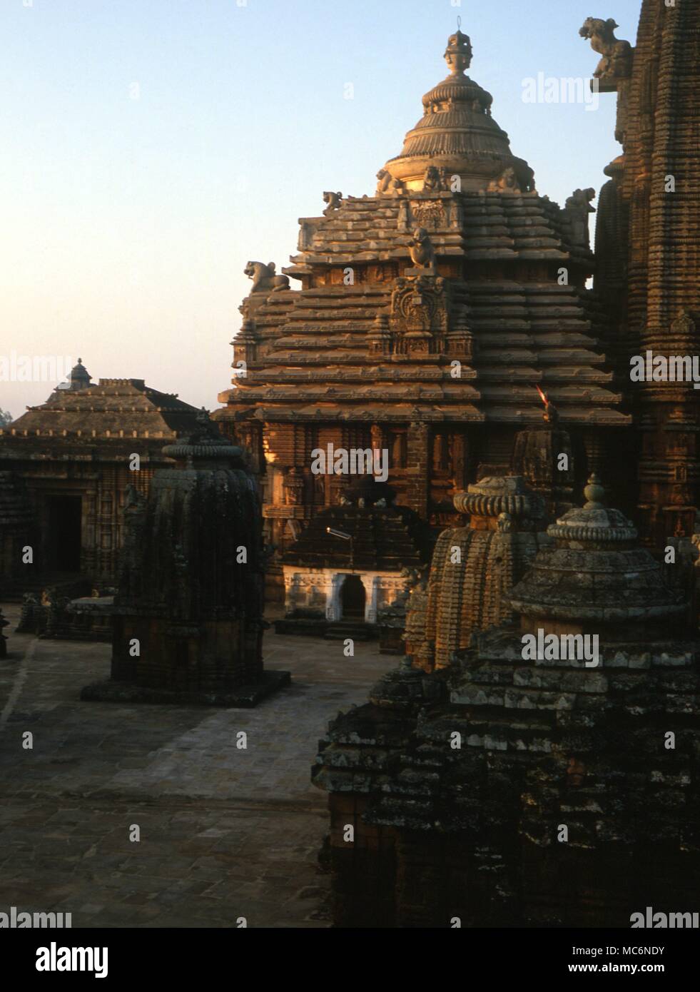 Sacra India Bhubaneswar il grande tempio complesso del Lingaraj dedicato al Signore Trilbhuvaneswar dei tre mondi e risalente al 1104 D.C. Foto Stock