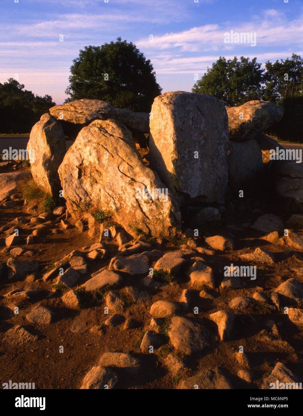 Uno dei più grandi dei vari cromlechs nel viale di pietre a Carnac. Foto Stock