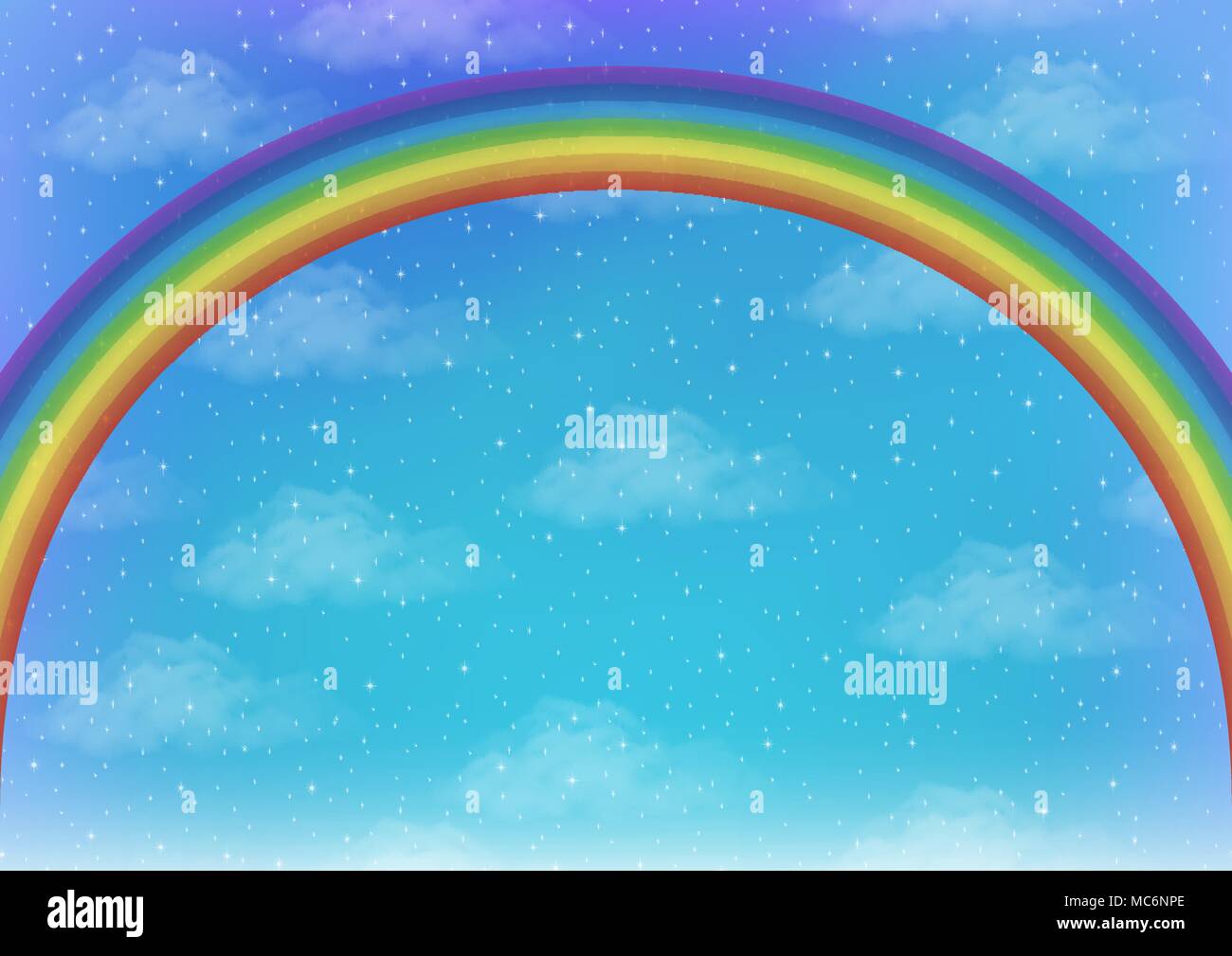 Paesaggio con sfondo luminoso arcobaleno colorato sul cielo blu con nuvole bianche e stelle. Eps10, contiene i lucidi. Vettore Illustrazione Vettoriale