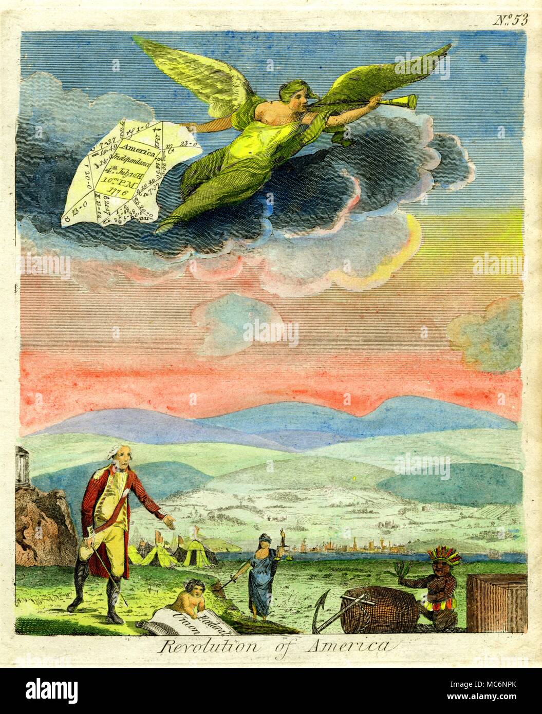 Il grafico è la piastra 53 da Ebenezer Sibly "una nuova e completa illustrazione del celeste la scienza dell'Astrologia', 1817 edition. Si tratta di una rara colorate a mano piastra. La figura non è propriamente un grafico per la nascita degli Stati Uniti, ma come il risultato di un fuso orario questione riguardante il futuro del post-Dichiarazione afferma. Foto Stock