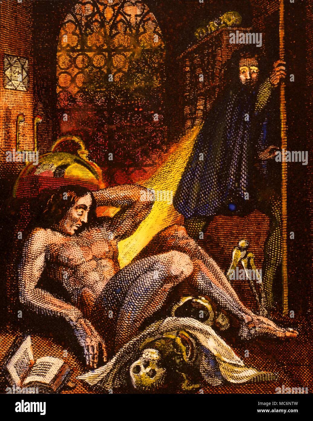 Colorate a mano incisione di Chevalier, da Mary Shelley gotica del 'Frankenstein" [1831 Edition]. FRANKENSTEIN - IL mostro creato con uno scheletro interno Frankenstein laboratorio. Colorate a mano da incisione Chealier, da th 1831 edizione di Mary Shelley 'Frankenstein". Foto Stock