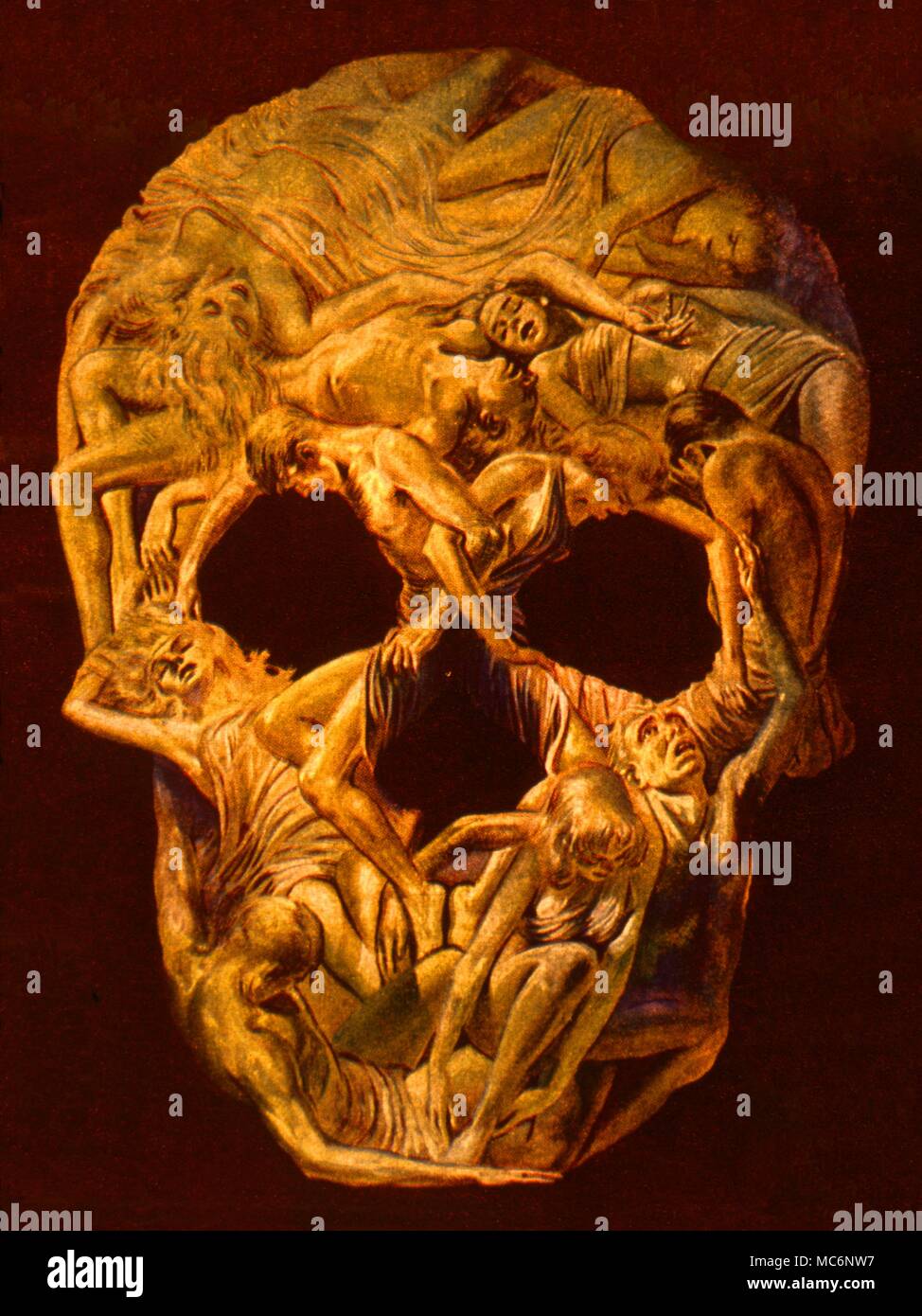 Cranio di forme umane, derivato dalla grafica di Virgil Finlay per la copertina di "Famoso racconti fantastici' agosto 1946. Foto Stock
