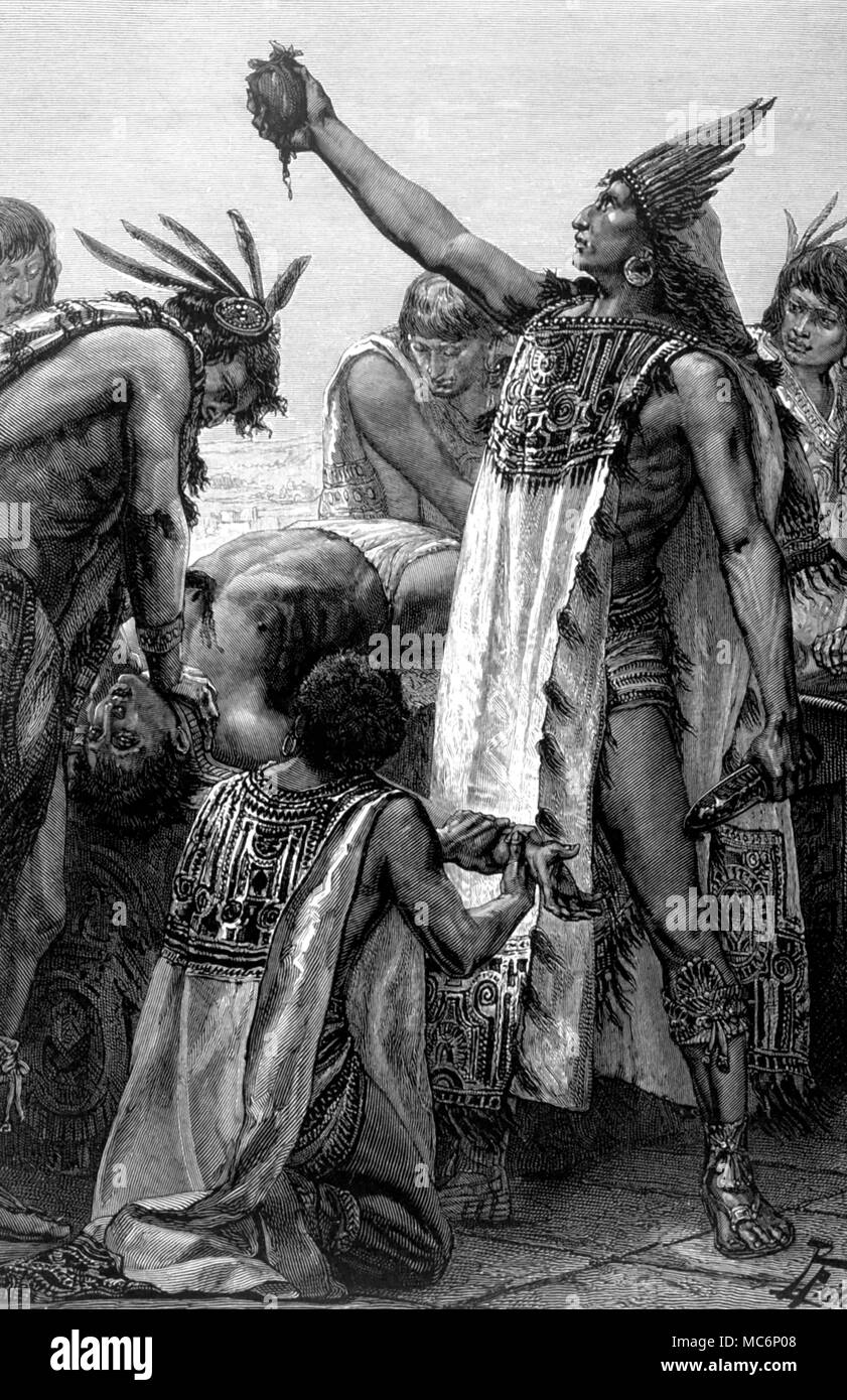 Aztec - sacrificio umano. Aztec sacerdoti sacrificare un essere umano. Incisione da desiderio Charney, Des Anciennes Villes du Nouveau Monde, 1885. Foto Stock