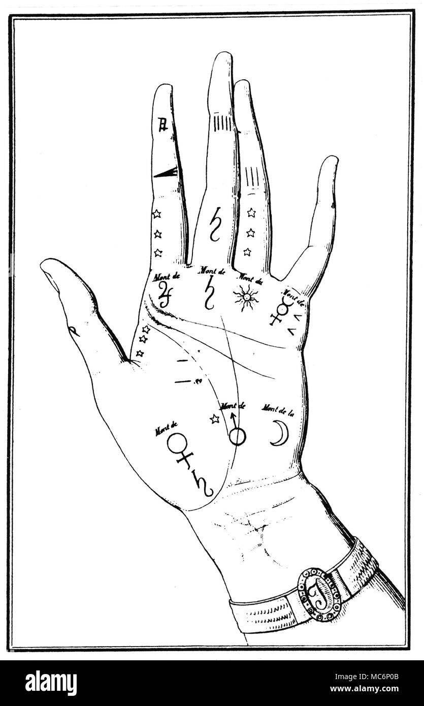 Chiromanzia incisione di un disegno realizzato con la cartomancer Le Normand, della mano di Giuseppina de Beauharnais. L'incisione è apparso nei suoi Memoires historiques et i segreti de l'Imperatrice Josephine, 1827. Non vi è alcuna reale prova che Le Normand ha esaminato la mano di Josephine, da un palmistric punto di vista (o addirittura che lei sapeva molto di chiromanzia). In termini di un palmistico studio, il diagramma è chiacchierio, eppure ha avuto una forte influenza sulle storie popolari di chiromanzia. Foto Stock