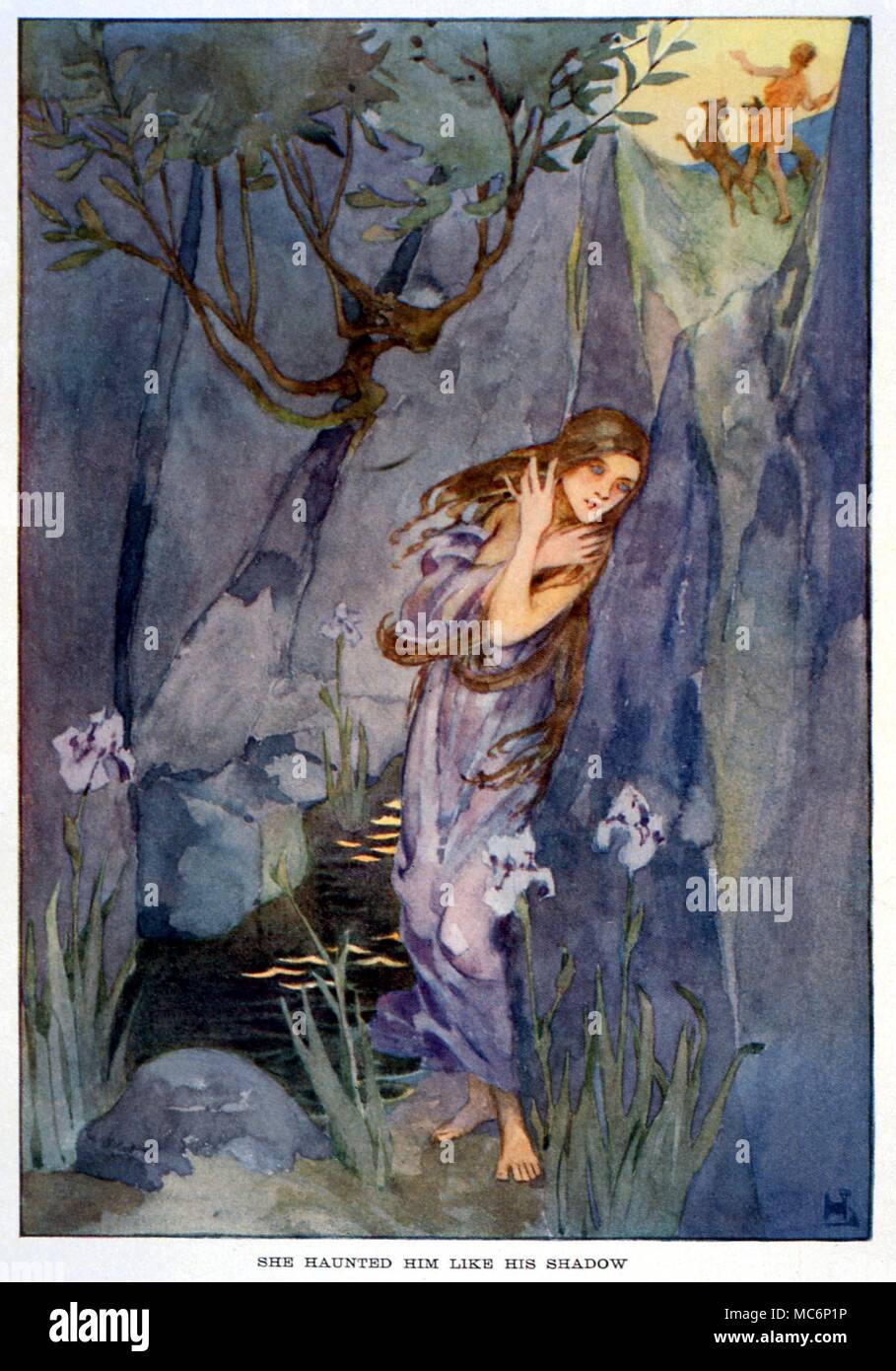 La mitologia greca. Echo haunting narciso, fuori dell'amore. Illustrazione da Helen Stratton, 1915, per "un libro di miti" Foto Stock