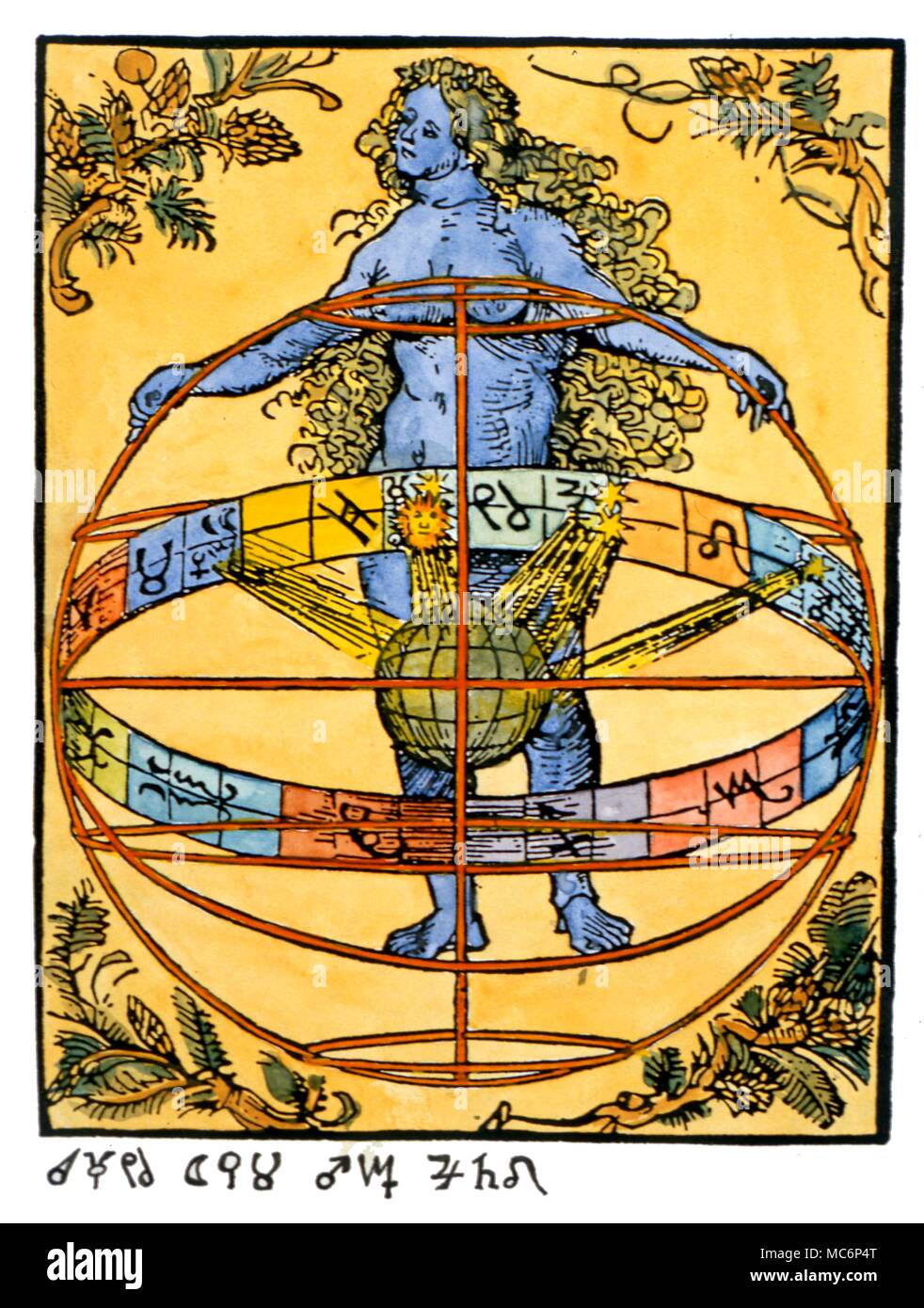 Lo zodiaco, con le dodici immagini nelle mani di una personificazione dell'Astrologia. I pianeti nello zodiaco, confluencing sulla terra, rivelano che si tratta di un oroscopo- probabilmente una thema mundi. Silografia di Albrecht Dürer. Charles Walker / Foto Stock